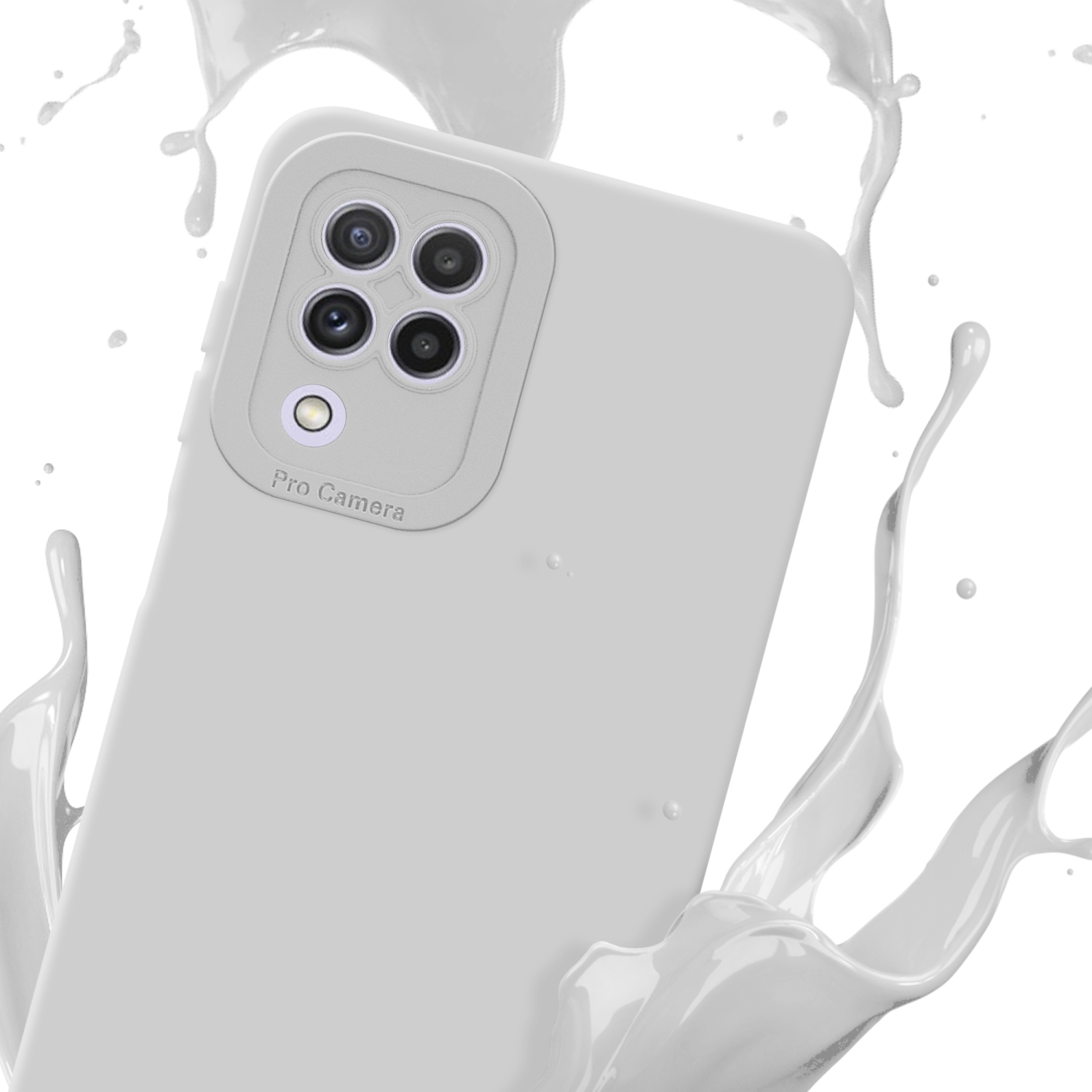 Custodia per telefono grigia con schizzi di vernice bianca. I dettagli della fotocamera sono visibili.