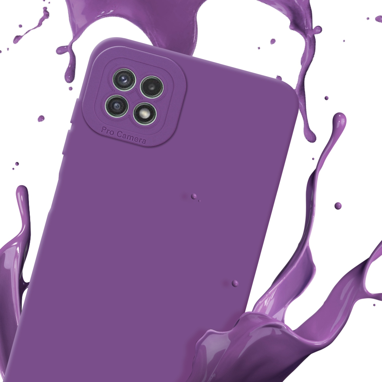 Coque de téléphone violette avec bosse caméra, éclaboussure de peinture violette. Fond blanc.
