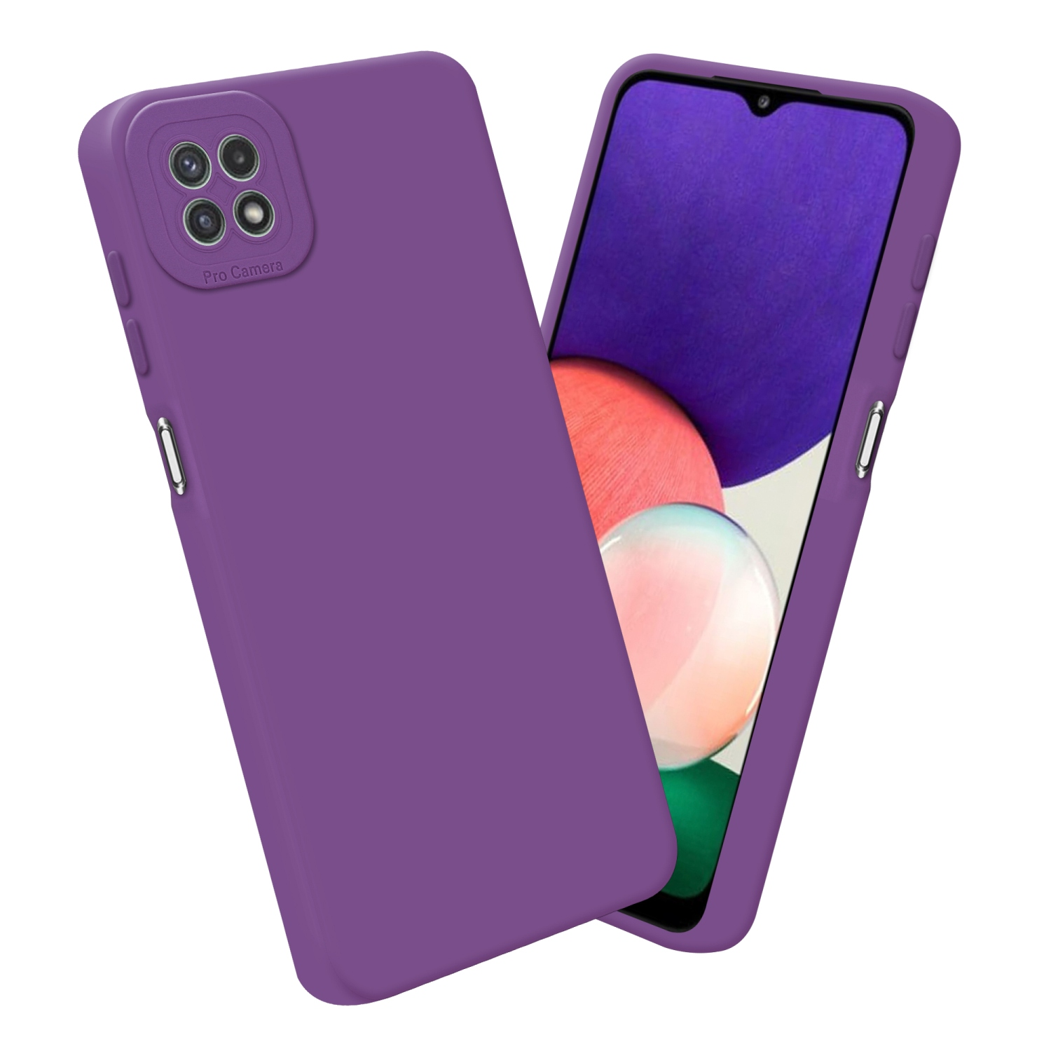 Une coque de téléphone violette avec un design de caméra pro.