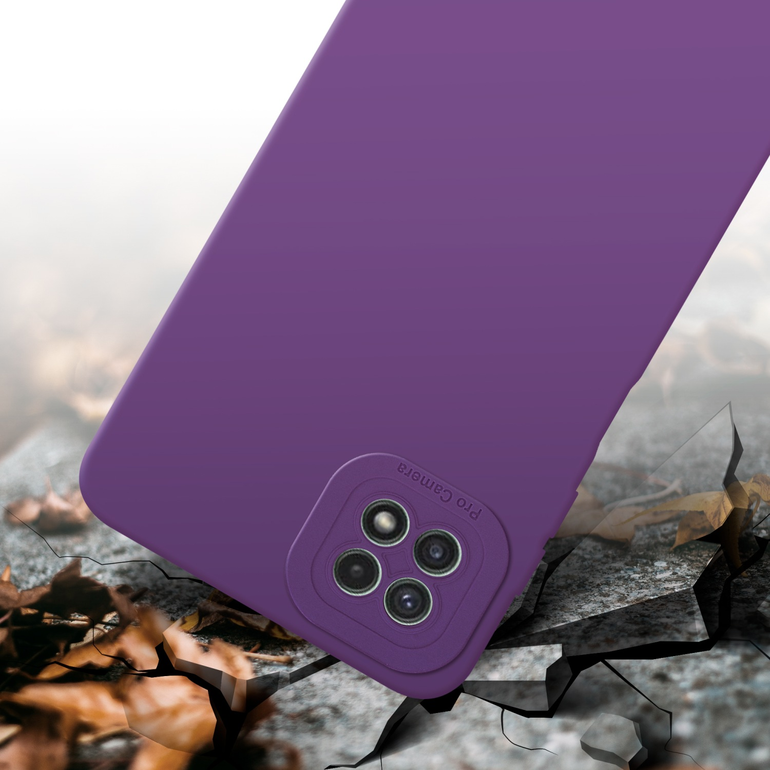 Coque violette avec caméra sur surface fissurée, protection contre les chutes.
