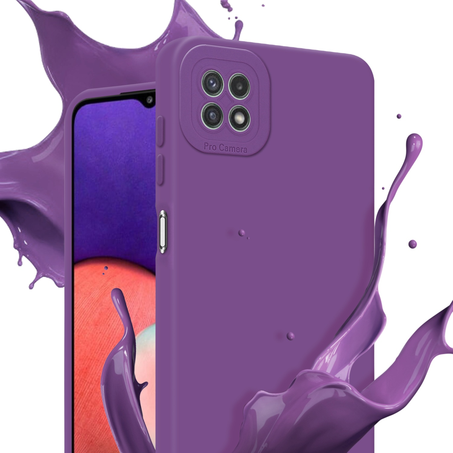 Coque de téléphone violette avec éclaboussures de peinture. Un téléphone est visible à l'intérieur.