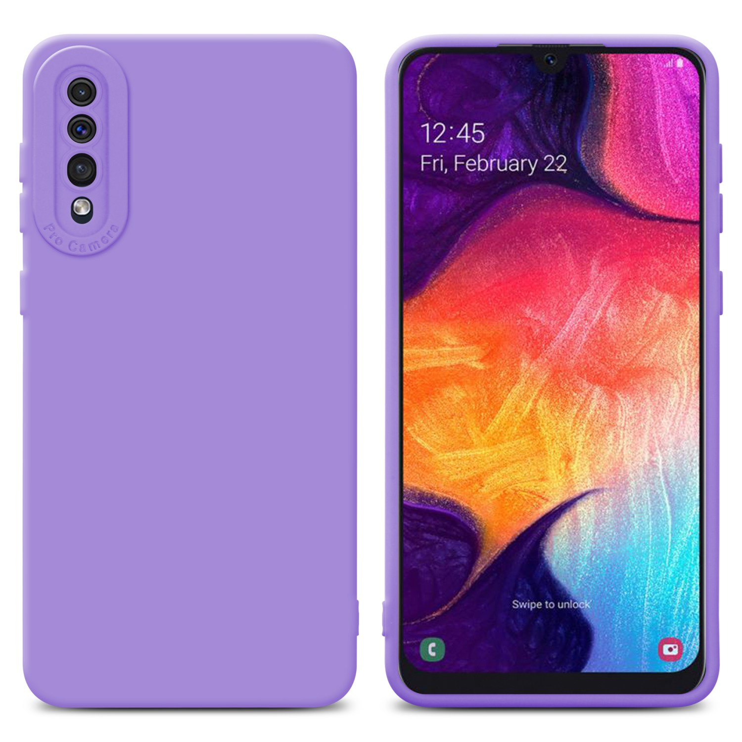 Custodia lavanda per telefono con telefono. Una custodia è sdraiata, una è in piedi con schermo.