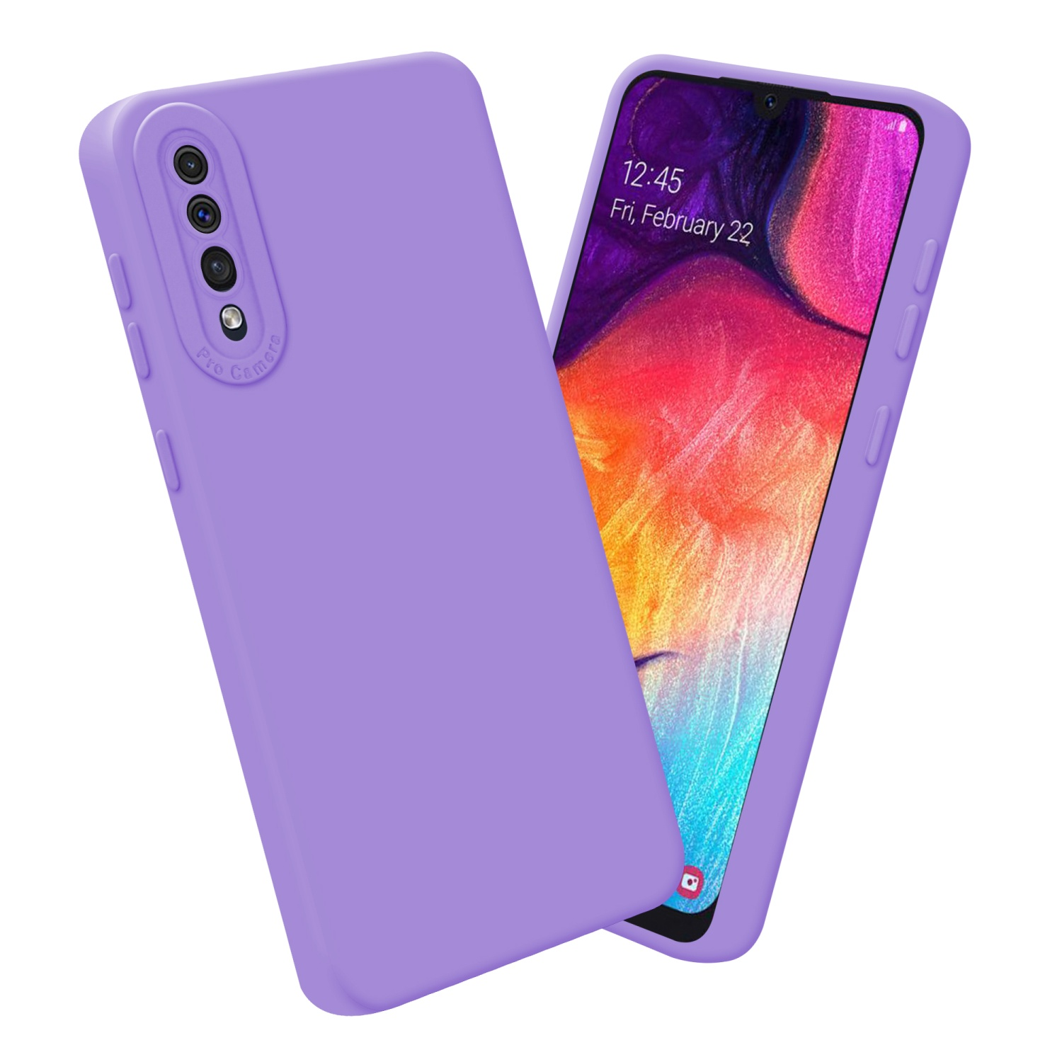 Una custodia viola per telefono e lo schermo che mostra una data. La custodia è angolata.