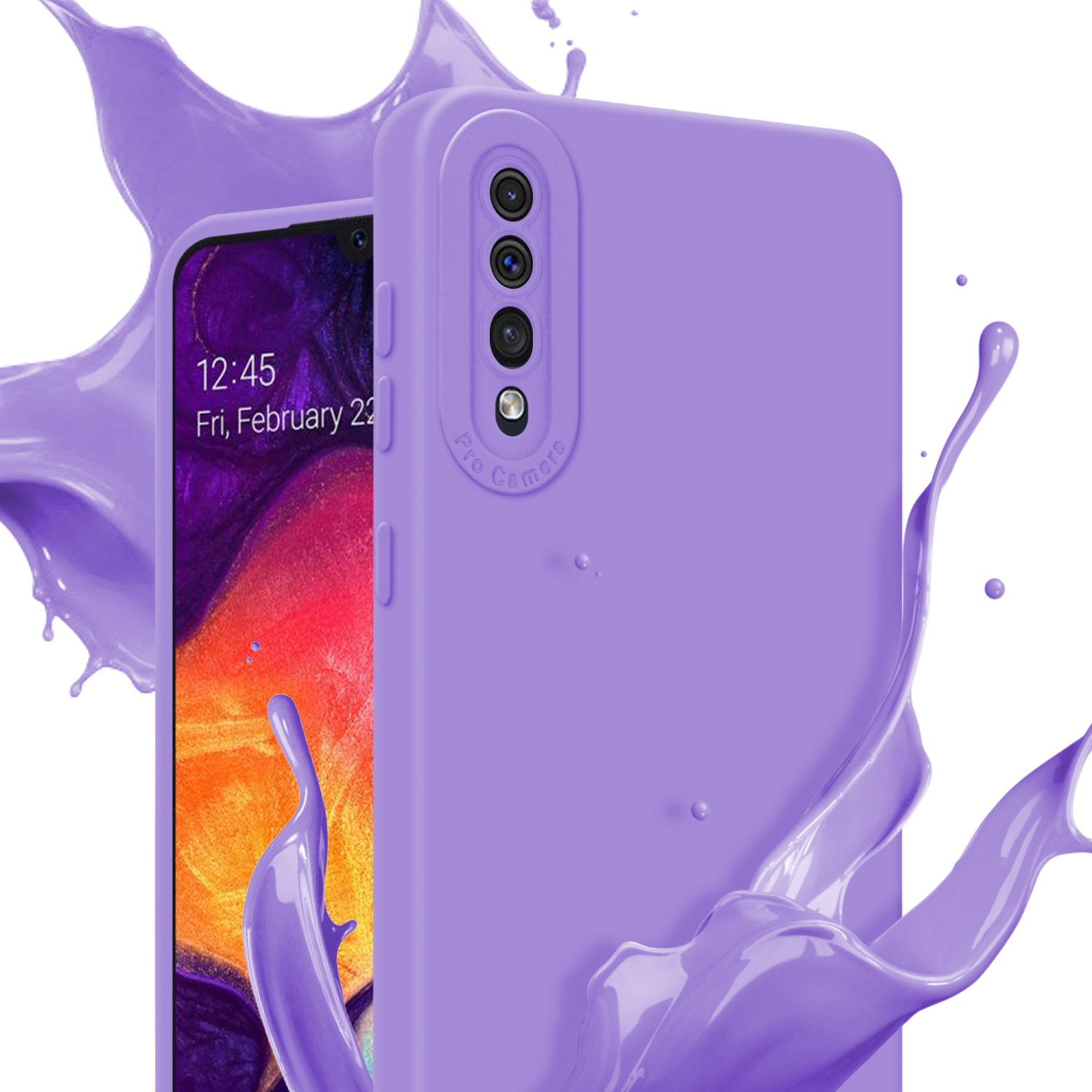 Custodia viola con telefono dentro. Schizzo di vernice sullo sfondo.