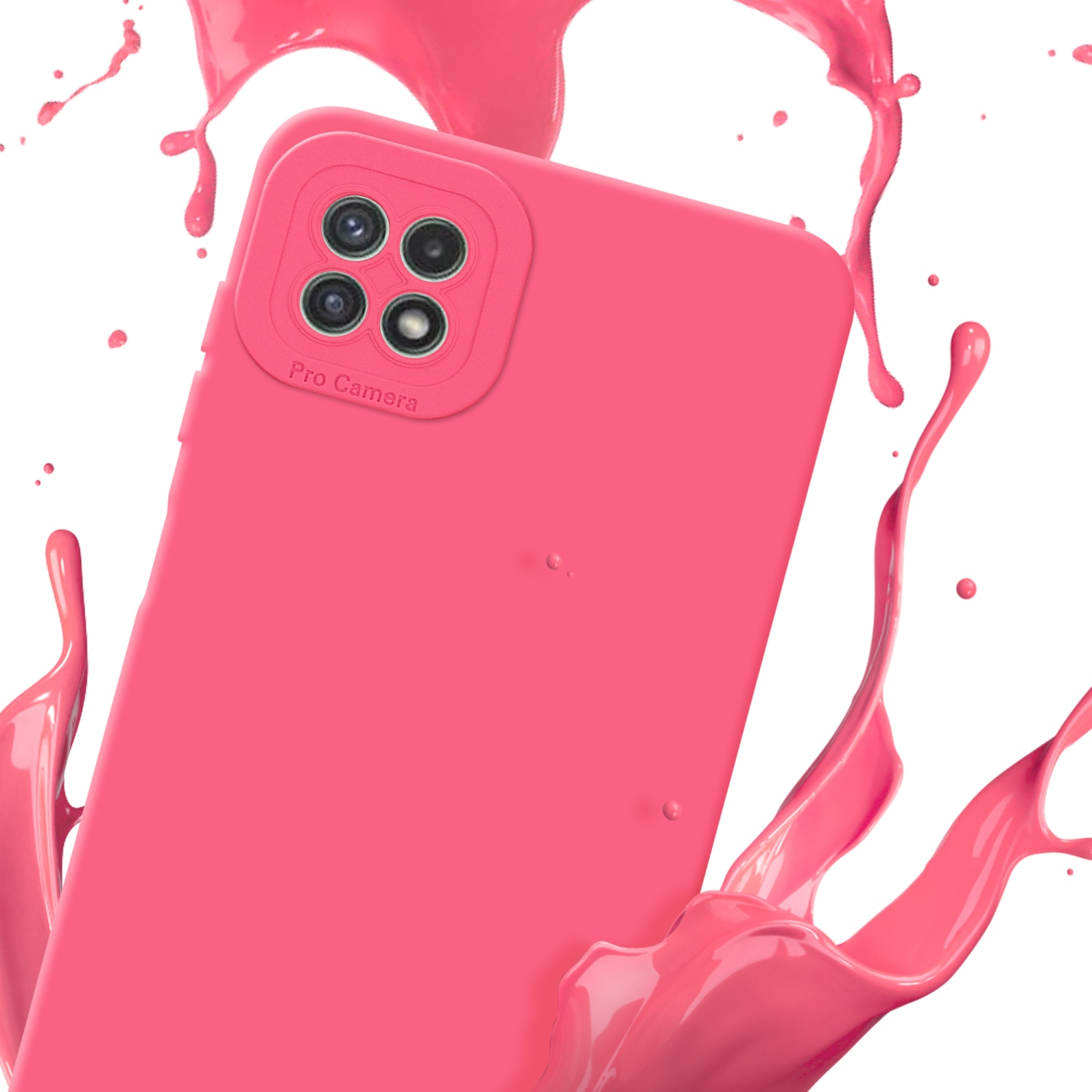 Una custodia rosa con schizzi di liquido rosso intorno.