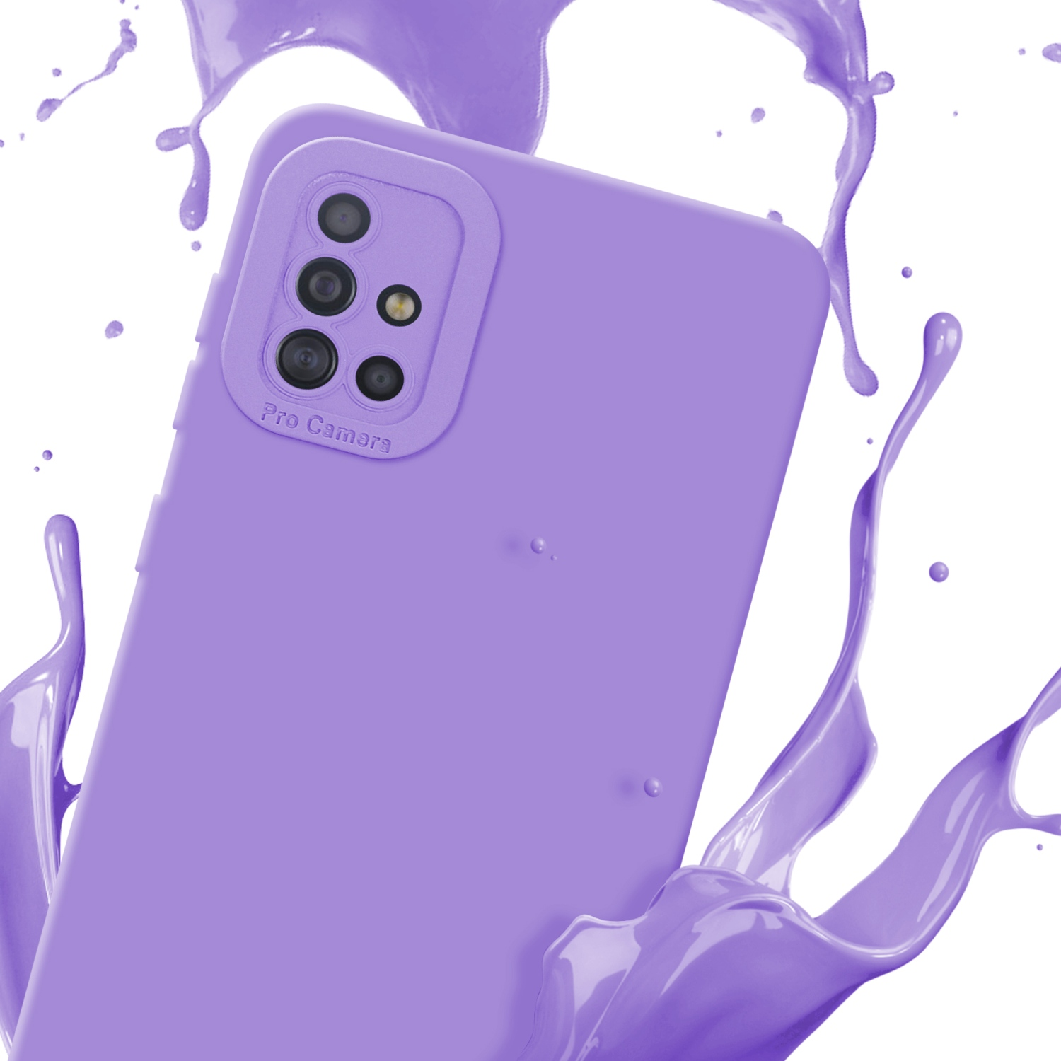 Une coque de téléphone violette avec une bosse pour l'appareil photo. Éclaboussure de peinture violette sur fond blanc.
