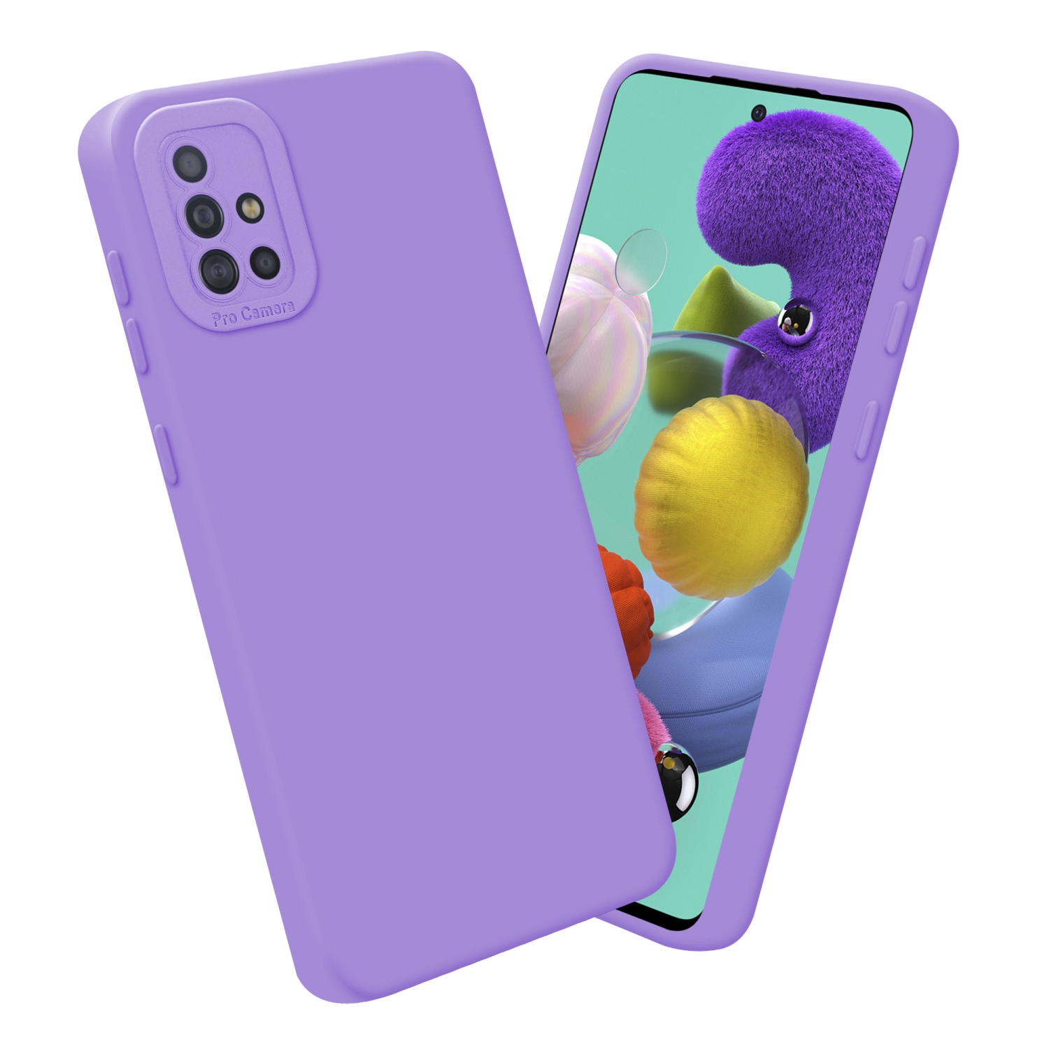 Deux téléphones avec des coques violettes. La coque a 4 caméras. Le fond est blanc.