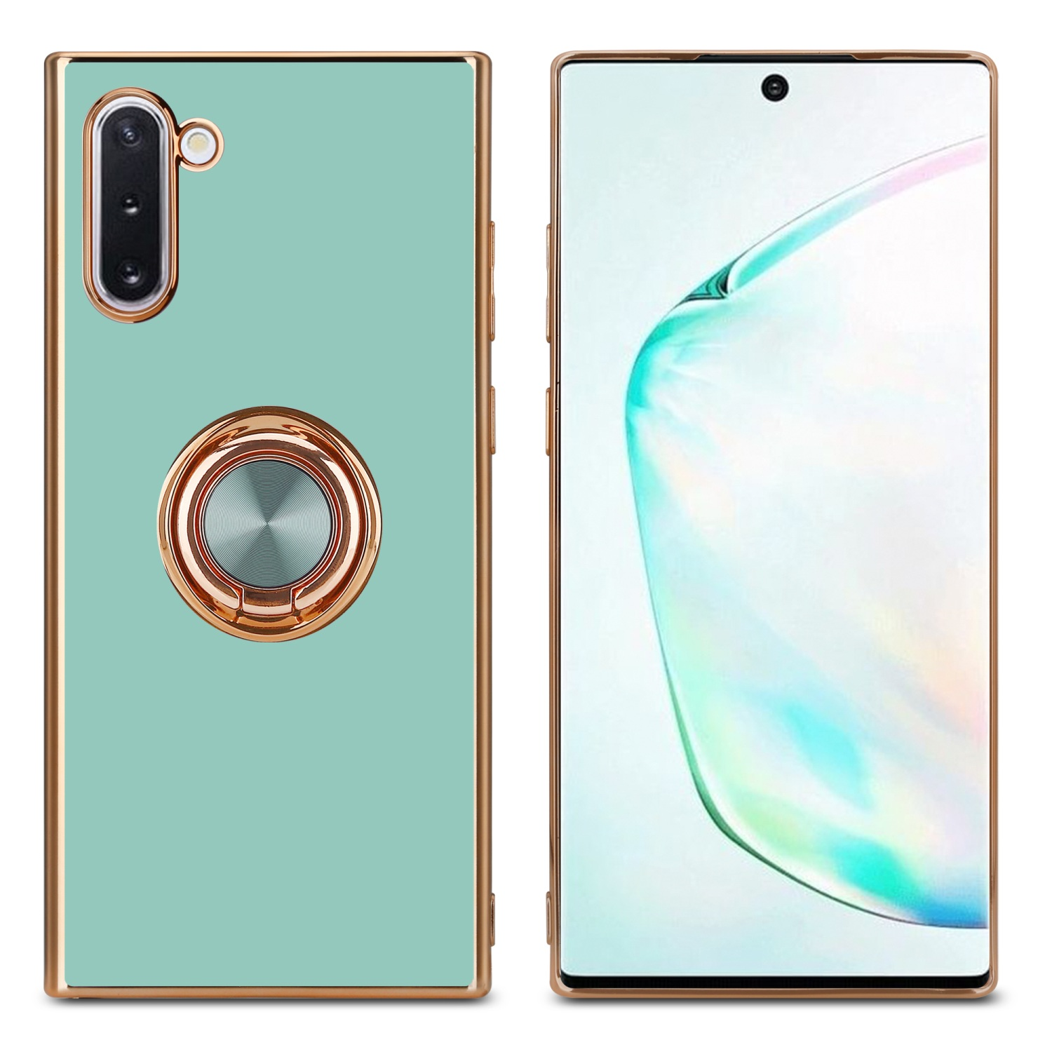 Custodia per telefono menta con cornice dorata. Un telefono con schermo è accanto. Sfondo bianco.