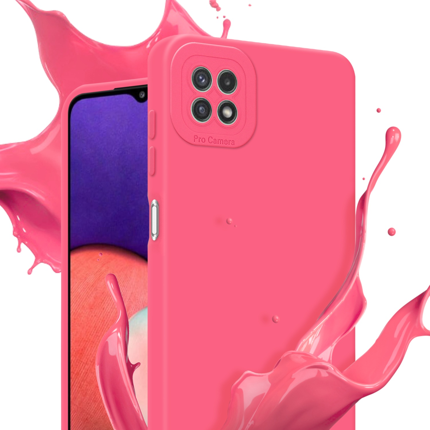 Custodia rosa per telefono con rilievo per la fotocamera. Schizzi di liquido rosa intorno alla custodia. Telefono visibile.