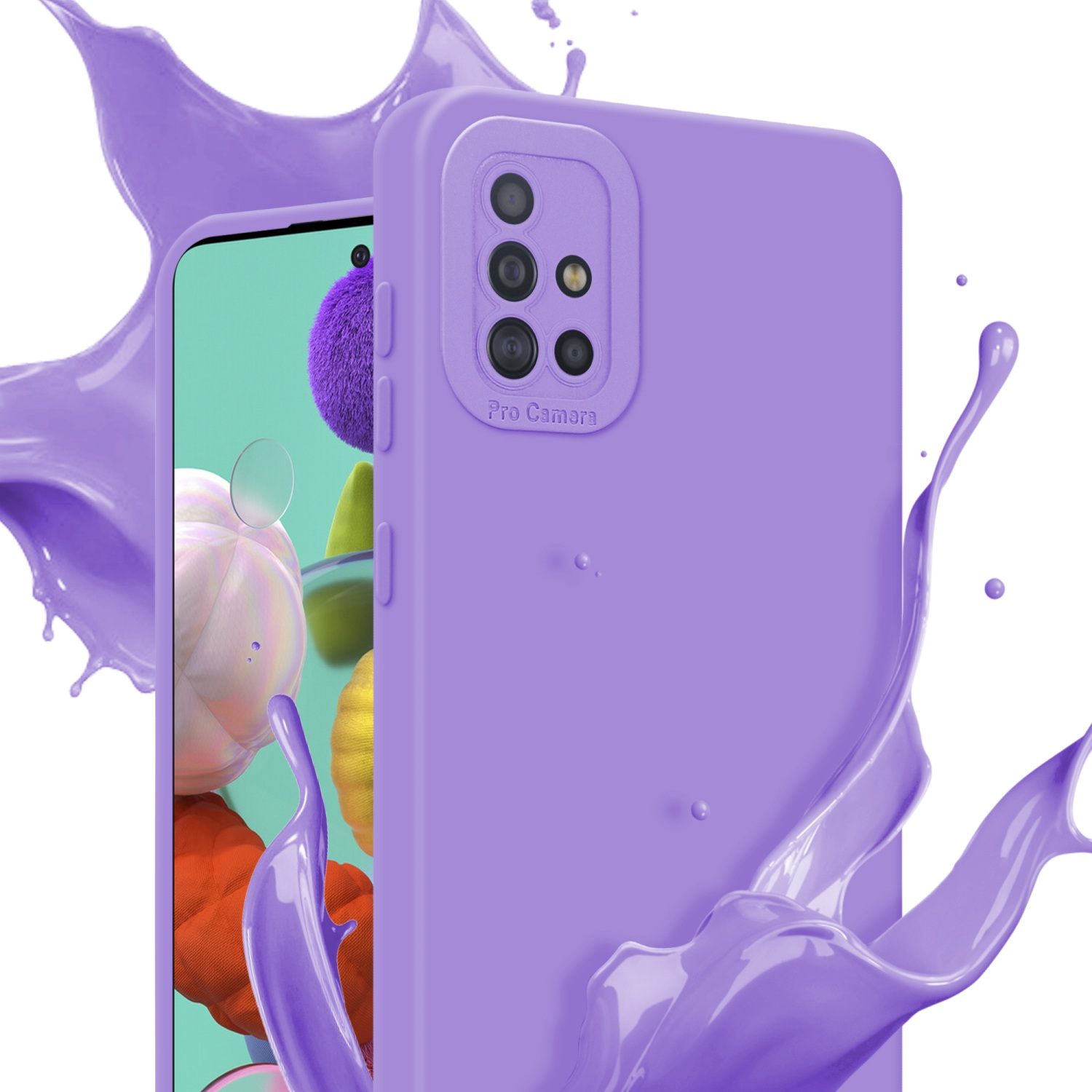 Coque de téléphone violette avec téléphone. Éclaboussure de peinture violette. Fond blanc.
