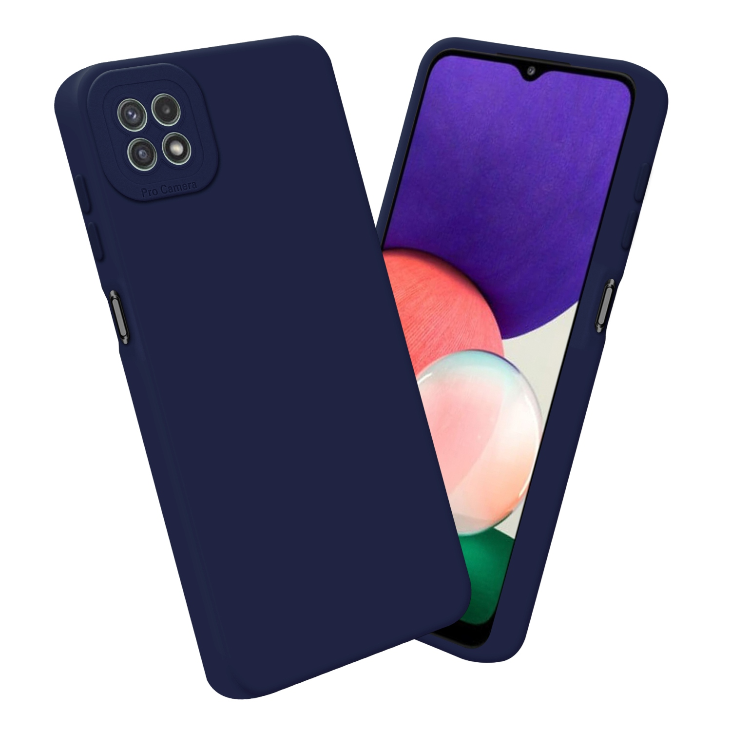 Marineblaue Handyhülle mit Telefon darin, weißer Hintergrund, Pro-Kamera.