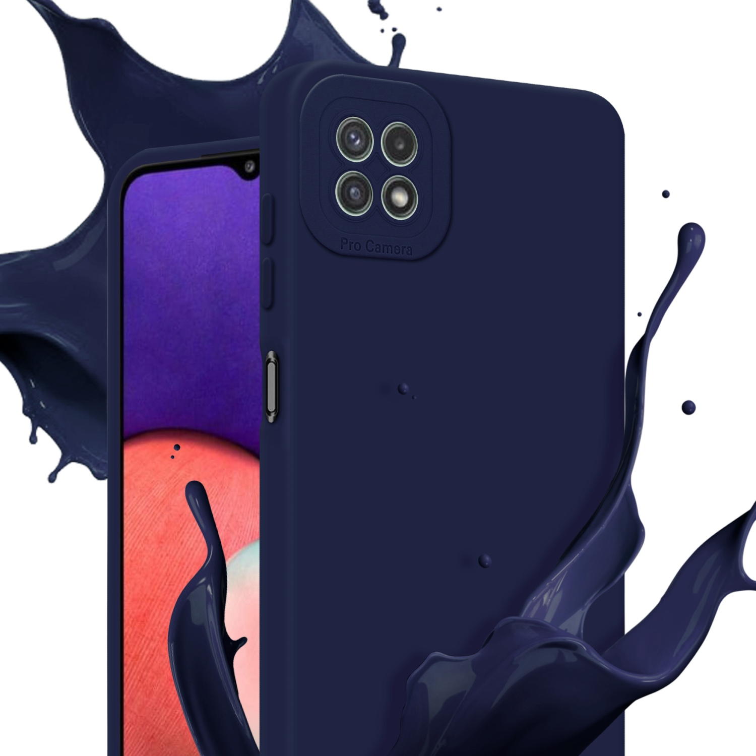 Dunkelblaue Handyhülle mit Kameraausbuchtung, Telefon innen. Dunkelblauer Farbspritzer.