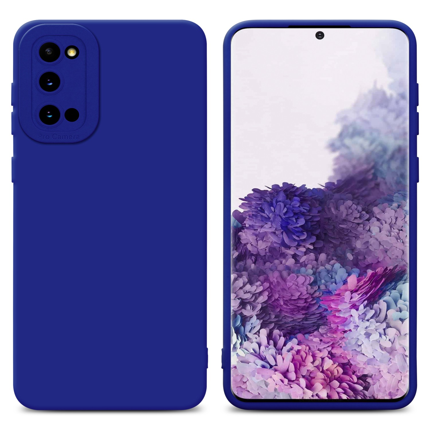 Custodia blu per telefono accanto a un telefono con schermo che mostra colori viola e bianchi.