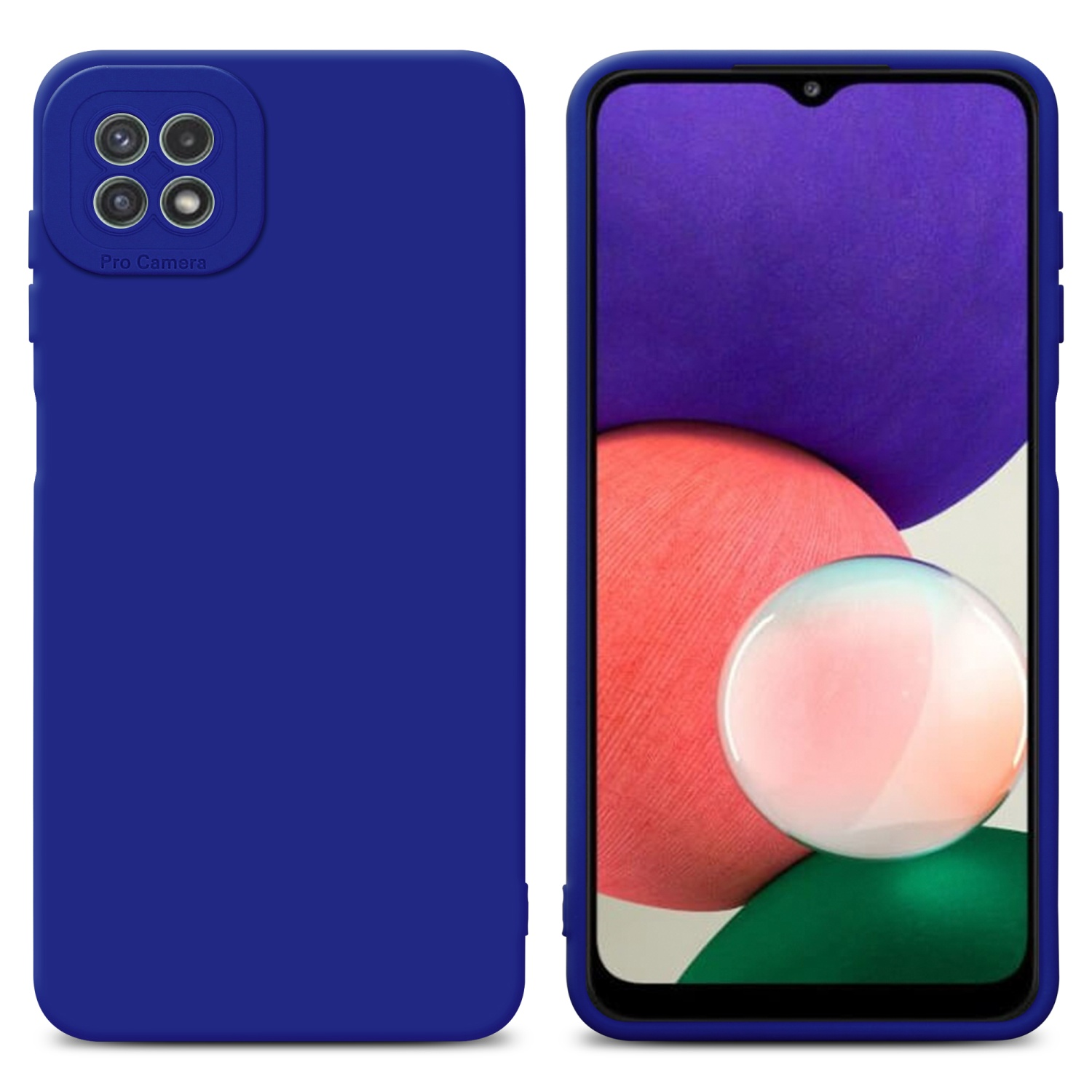 Custodia blu accanto a un telefono con schermo viola e bianco.