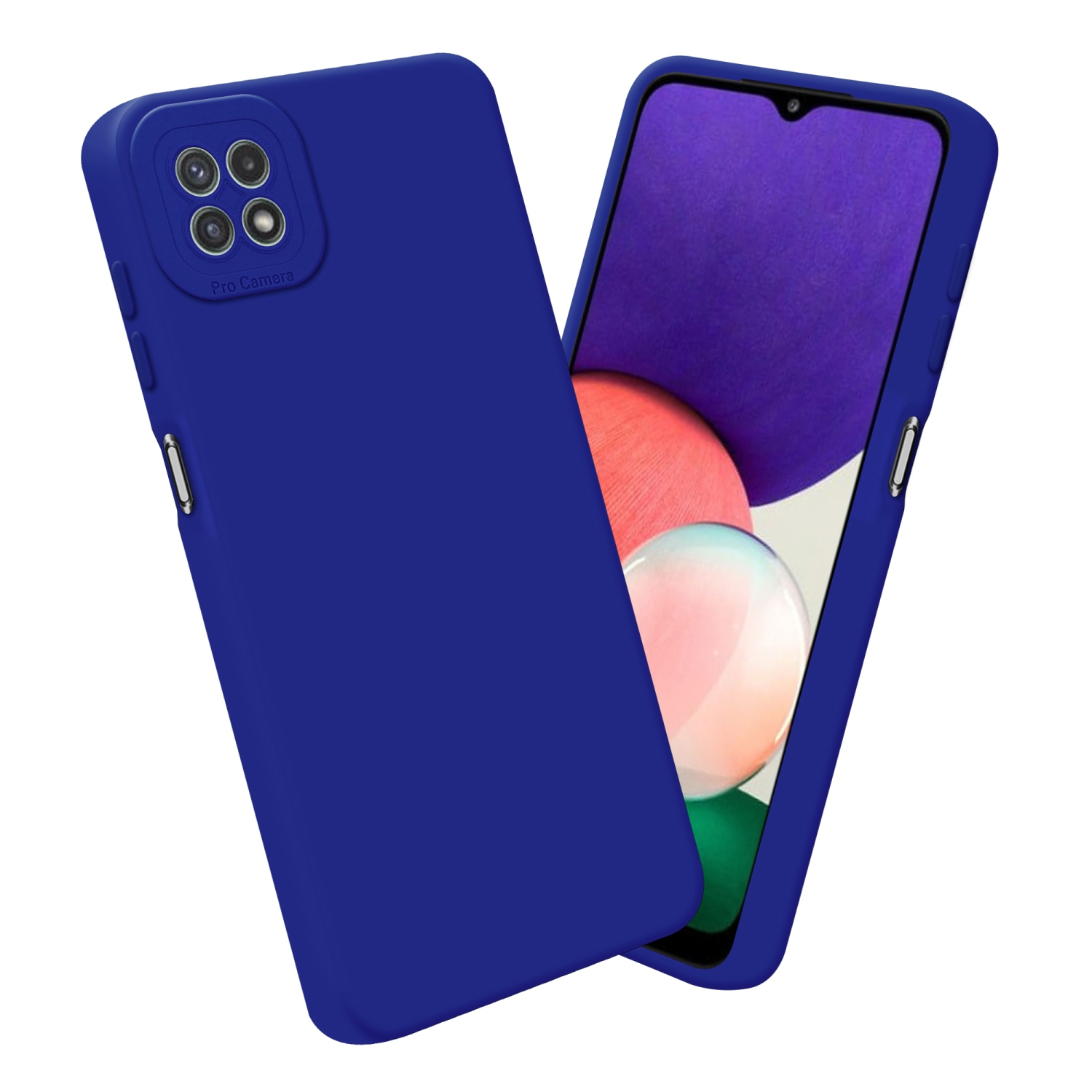 Custodia e telefono blu su sfondo bianco. Telefono con schermo viola.