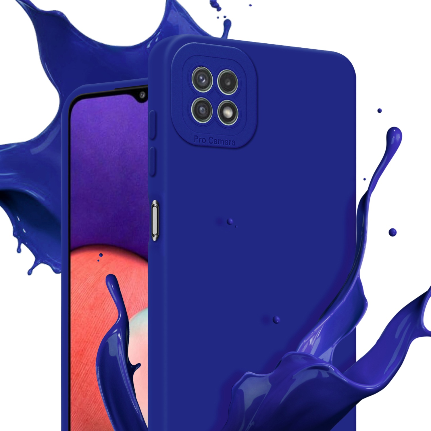 Una custodia blu con quattro fotocamere. Spruzzi di liquido blu intorno al telefono.