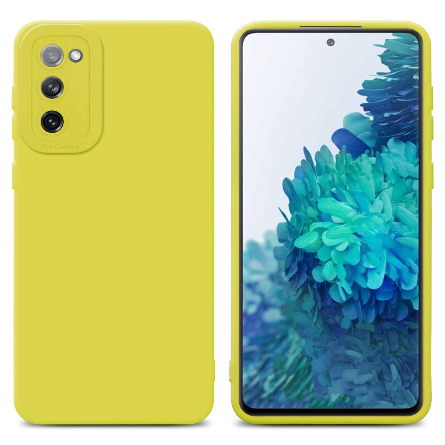 Custodia gialla per telefono con fotocamera, telefono giallo, sfondo bianco.