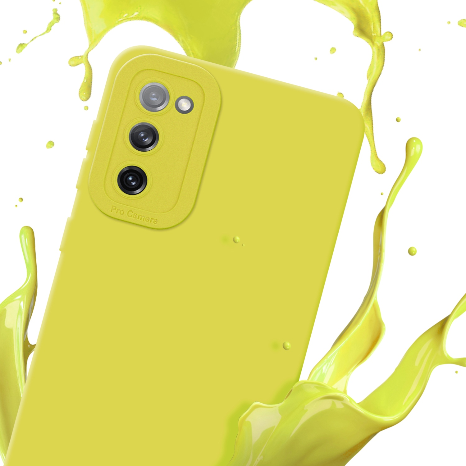 Custodia per telefono gialla con fotocamera. Schizzo di liquido giallo intorno alla custodia.