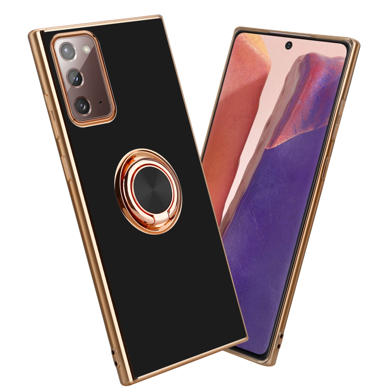 Telefono nero con cornice e cover dorate, con anello. Lo schermo è a destra.