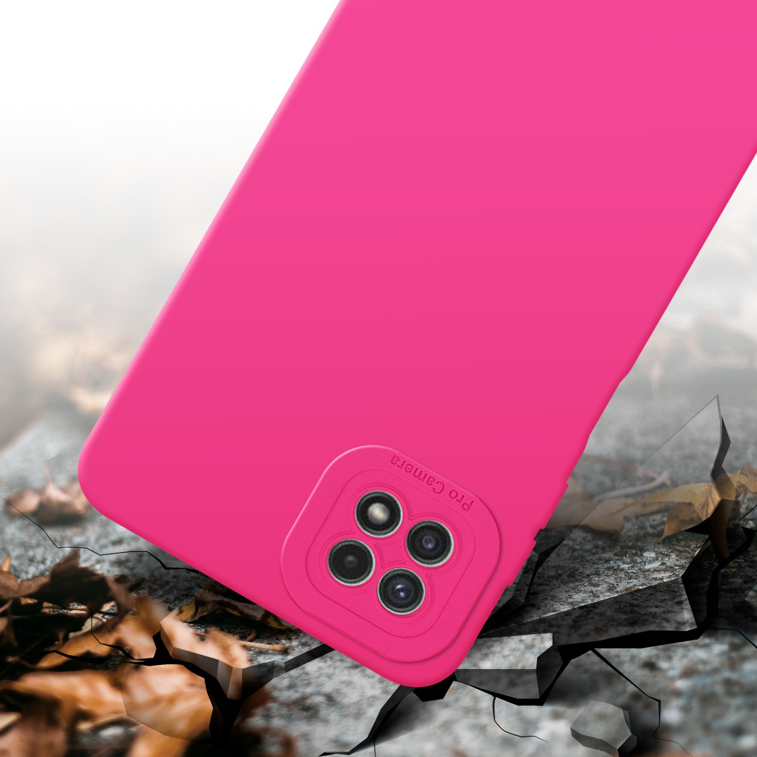 Una custodia rosa acceso su una superficie rocciosa, con crepe. È visibile un rialzo per fotocamera pro.