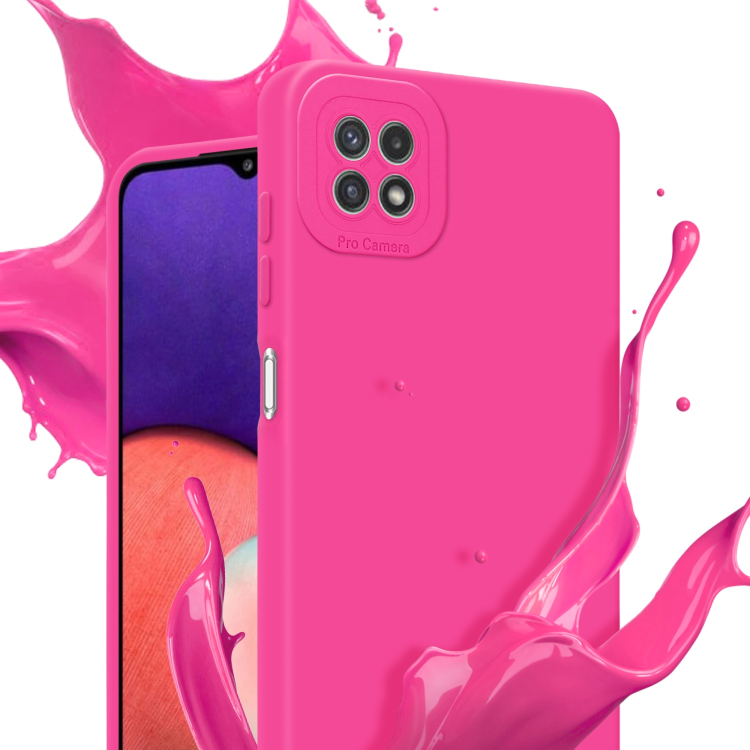 Una custodia rosa con un telefono all'interno e spruzzi di vernice rosa intorno.