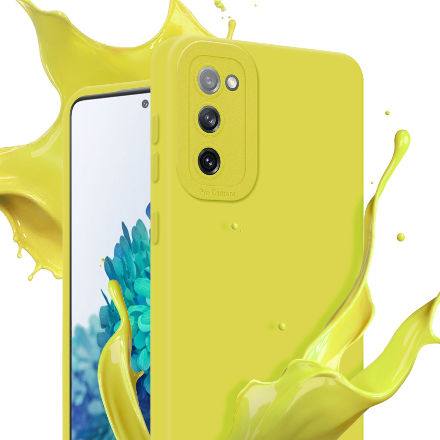 Custodia e schermo gialli, spruzzo di liquido giallo.