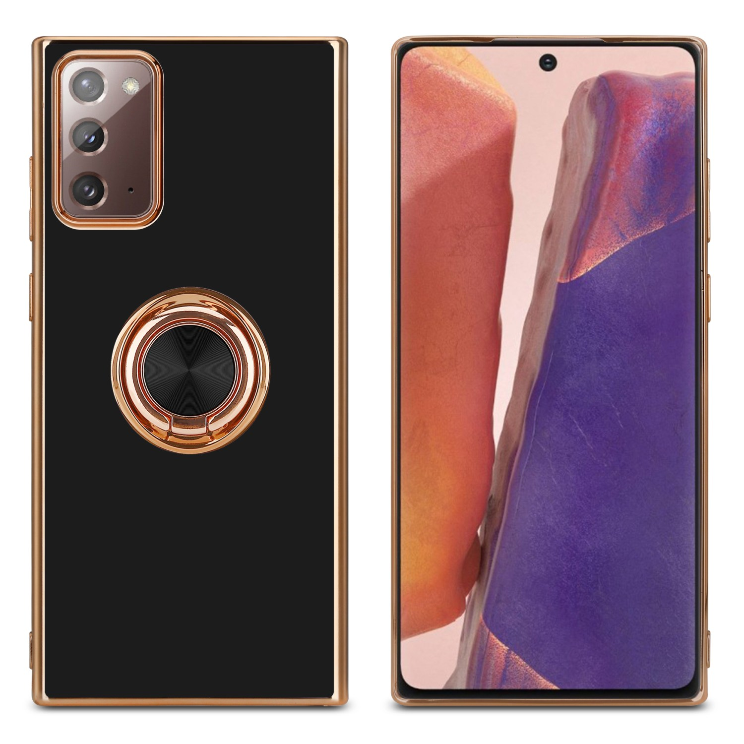 Custodia e telefono neri. La custodia nera ha un anello d'oro. Il telefono mostra un paesaggio. Sfondo bianco.