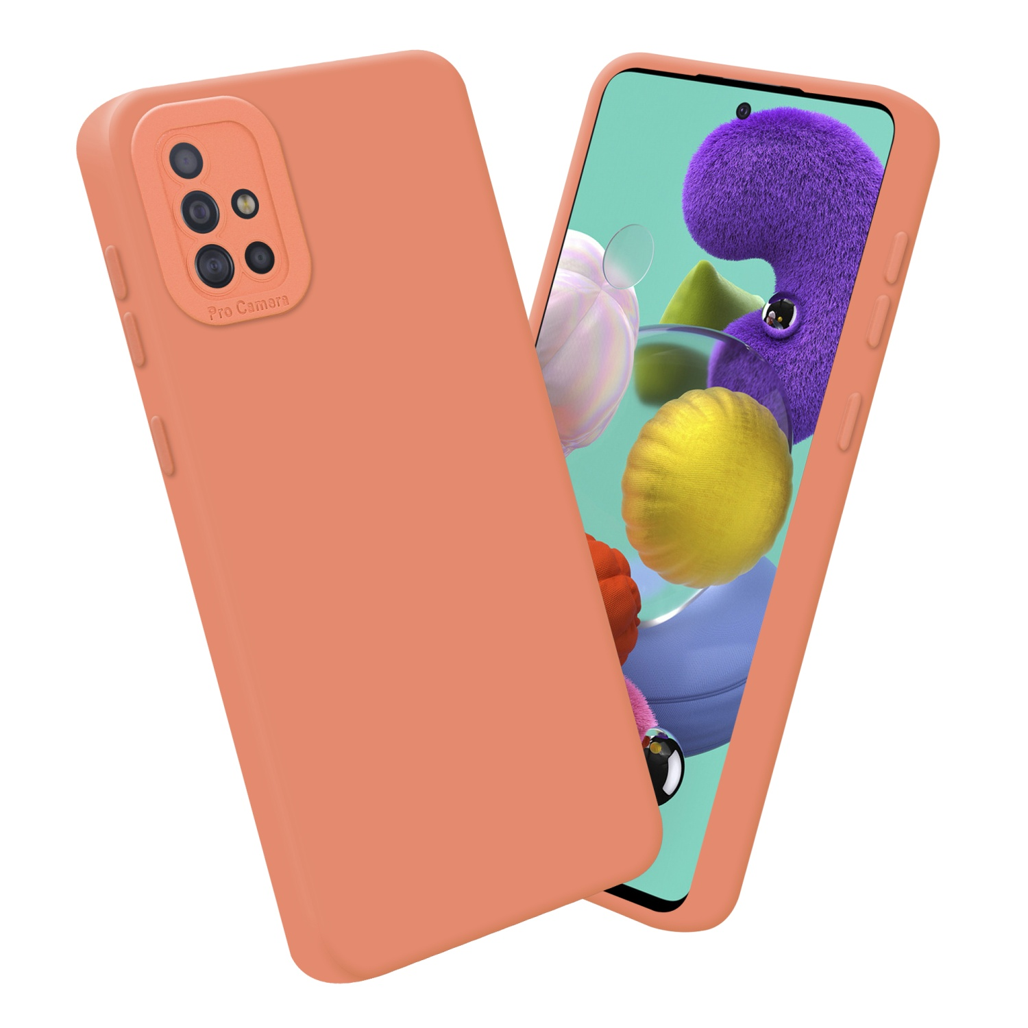 Coque de téléphone pêche avec téléphone. Le téléphone affiche des formes abstraites violettes et vertes, avec fond blanc.