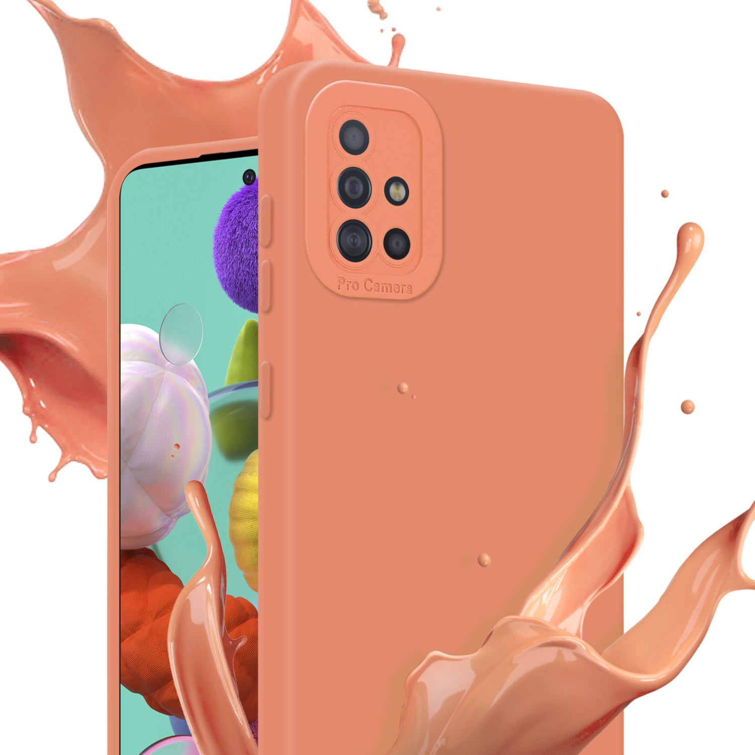 Coque de téléphone orange avec éclaboussures de liquide orange, montrant un écran avec des formes colorées.