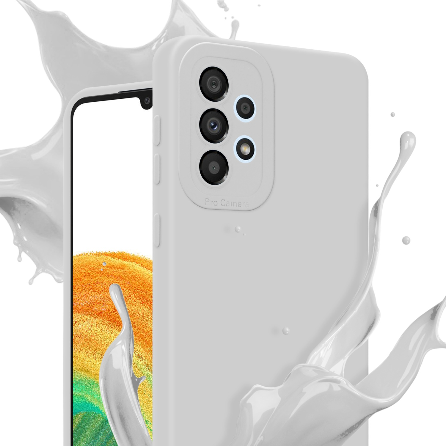 Una custodia per telefono bianca con un rialzo per la fotocamera. Schizzo di vernice bianca su sfondo bianco.