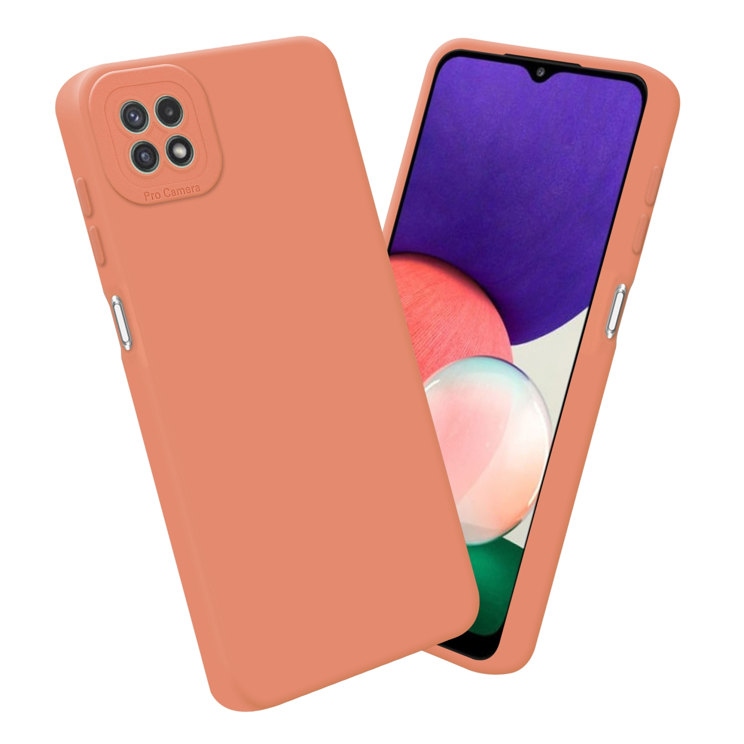 Deux étuis de téléphone pêche. L'un affiche un écran avec une forme abstraite.