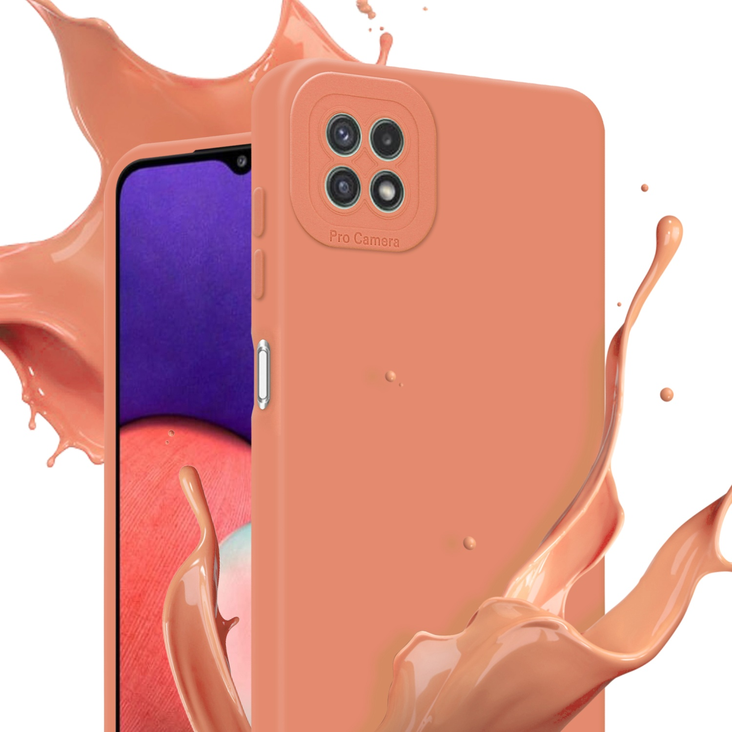 Étui de téléphone orange avec téléphone à l'intérieur. Éclaboussures de liquide pêche devant le téléphone. Étiquette Pro Camera.