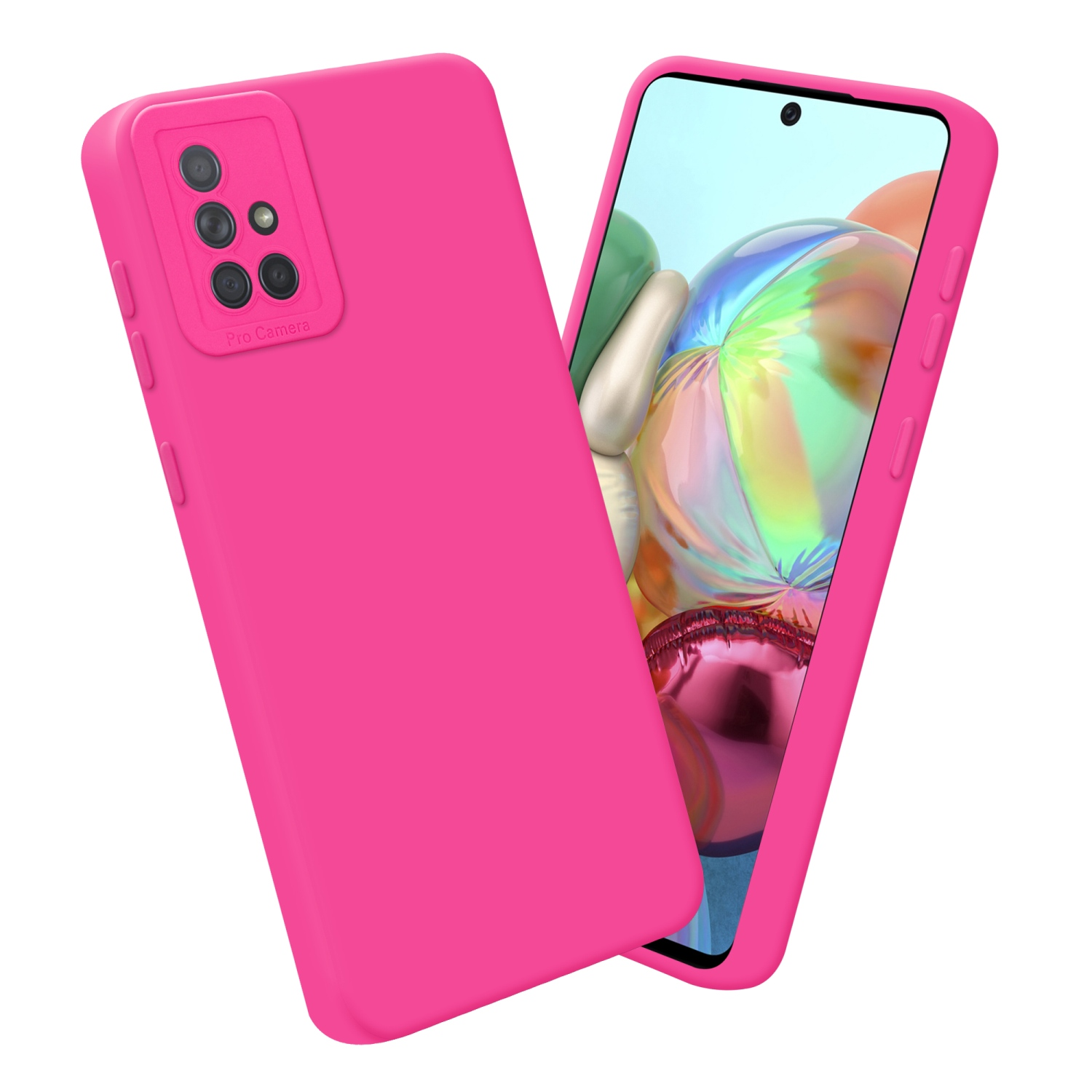 Custodia rosa per telefono, con telefono all'interno. Dettagli della fotocamera visibili. Sfondo bianco.