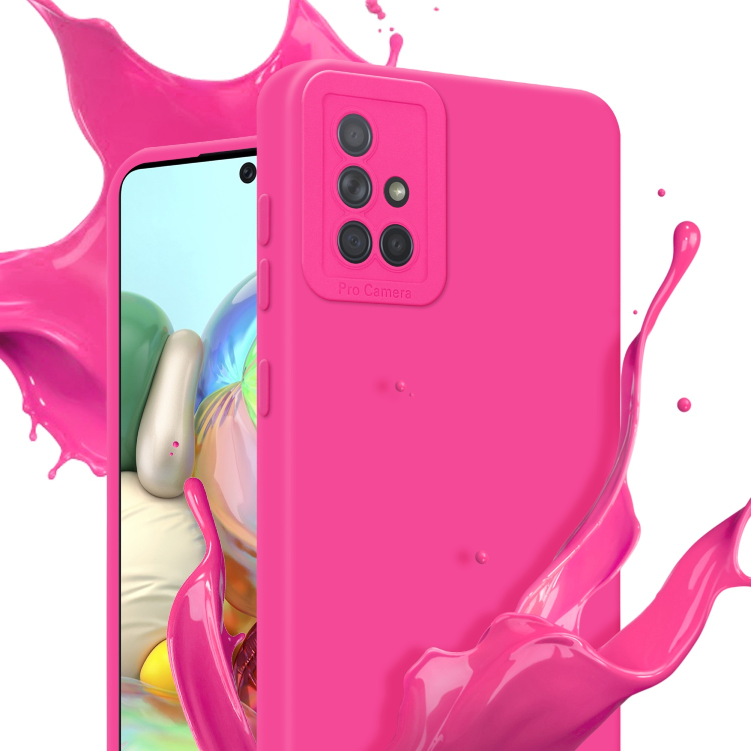Custodia per telefono rosa con tripla fotocamera, schizzi di vernice rosa intorno.