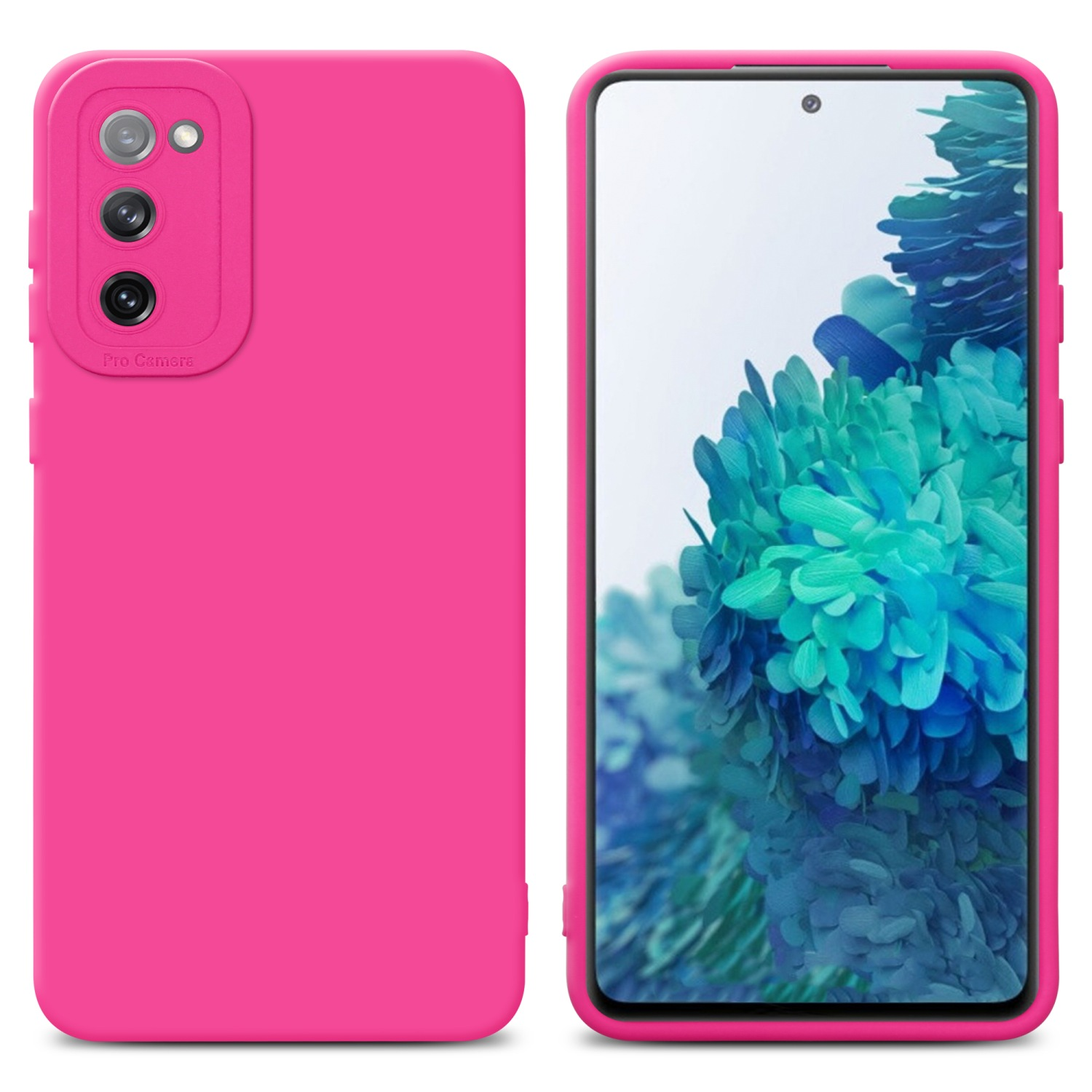 Due custodie per telefono, una rosa, una con un telefono dentro. Entrambe hanno cornici rosa, il telefono mostra uno schermo.