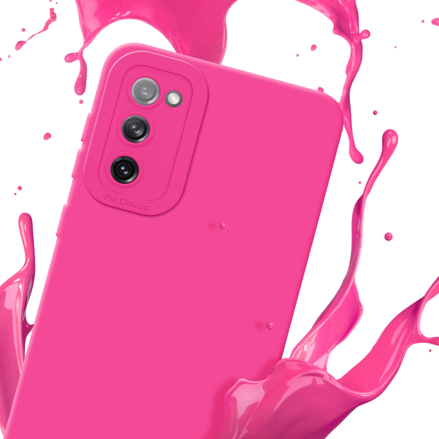 Custodia rosa per telefono con schizzi di vernice rosa. Si vede il retro.