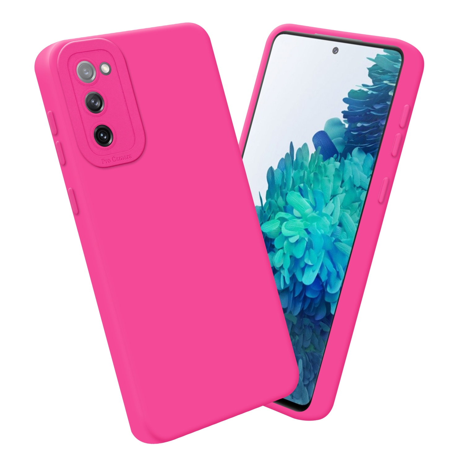 Custodia e telefono rosa. La custodia ha una fotocamera e la scritta "Pro Camera".