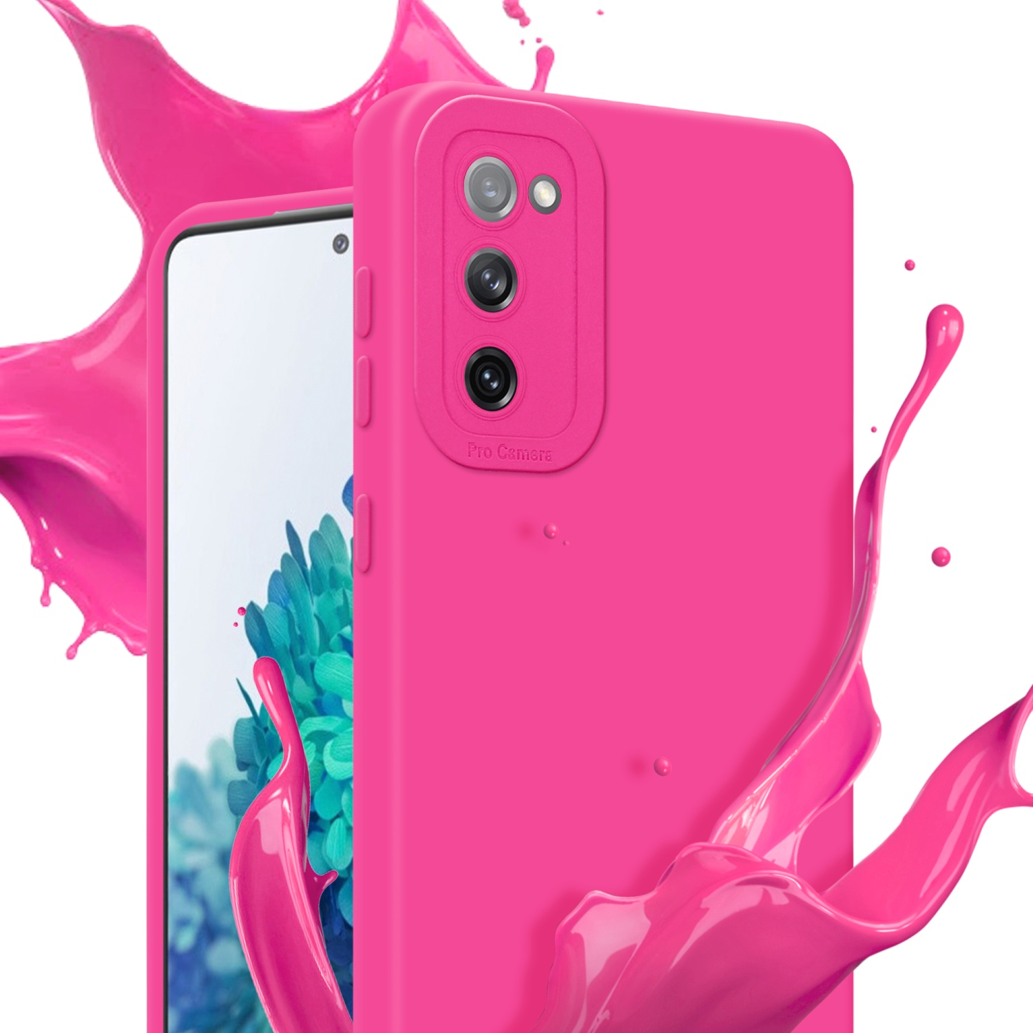 Una custodia per telefono rosa con un telefono all'interno. Schizzi di vernice rosa intorno alla custodia. Il telefono ha uno schermo bianco.