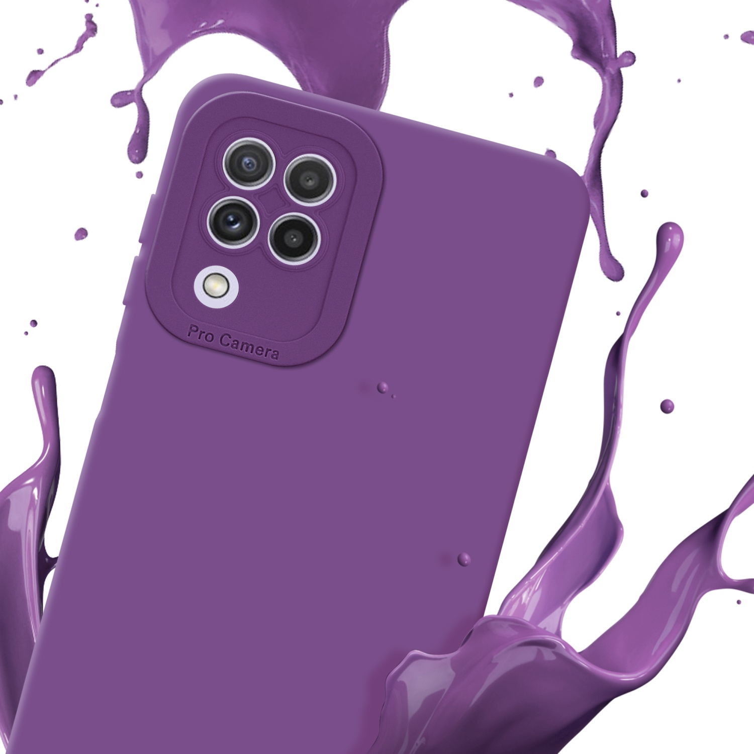 Coque de téléphone violette avec caméra, éclaboussure de liquide violet sur fond blanc.