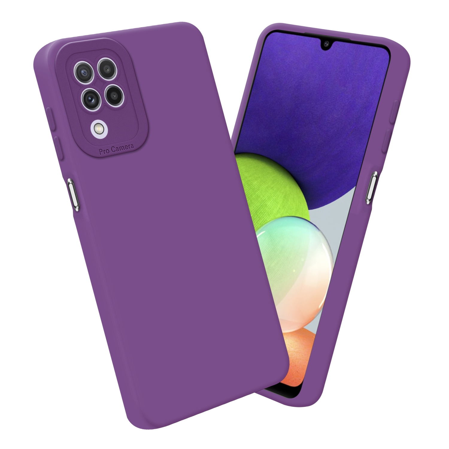 Coque de téléphone violette avec caméra et un autre téléphone.