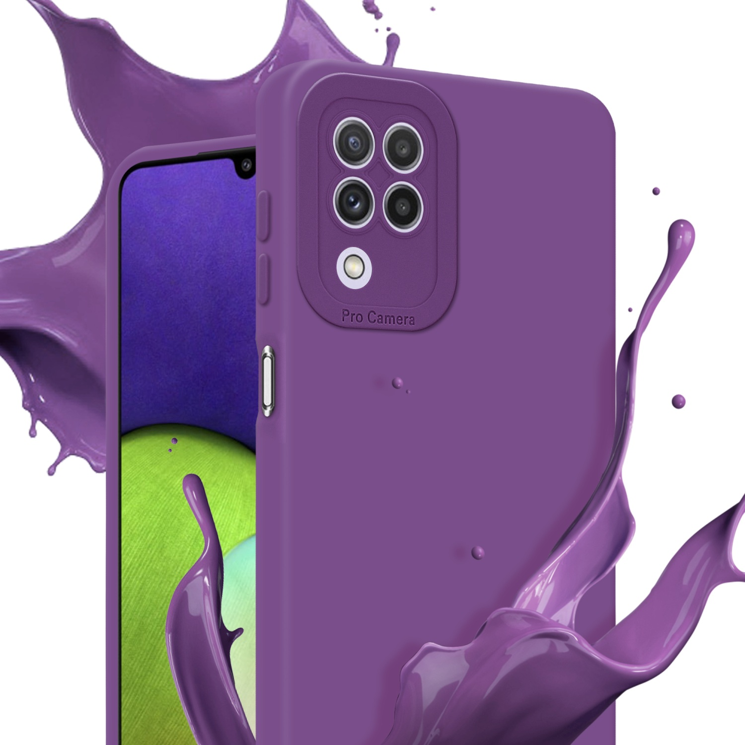 Coque de téléphone violette. Configuration de caméra pro, éclaboussure violette et écran du téléphone.