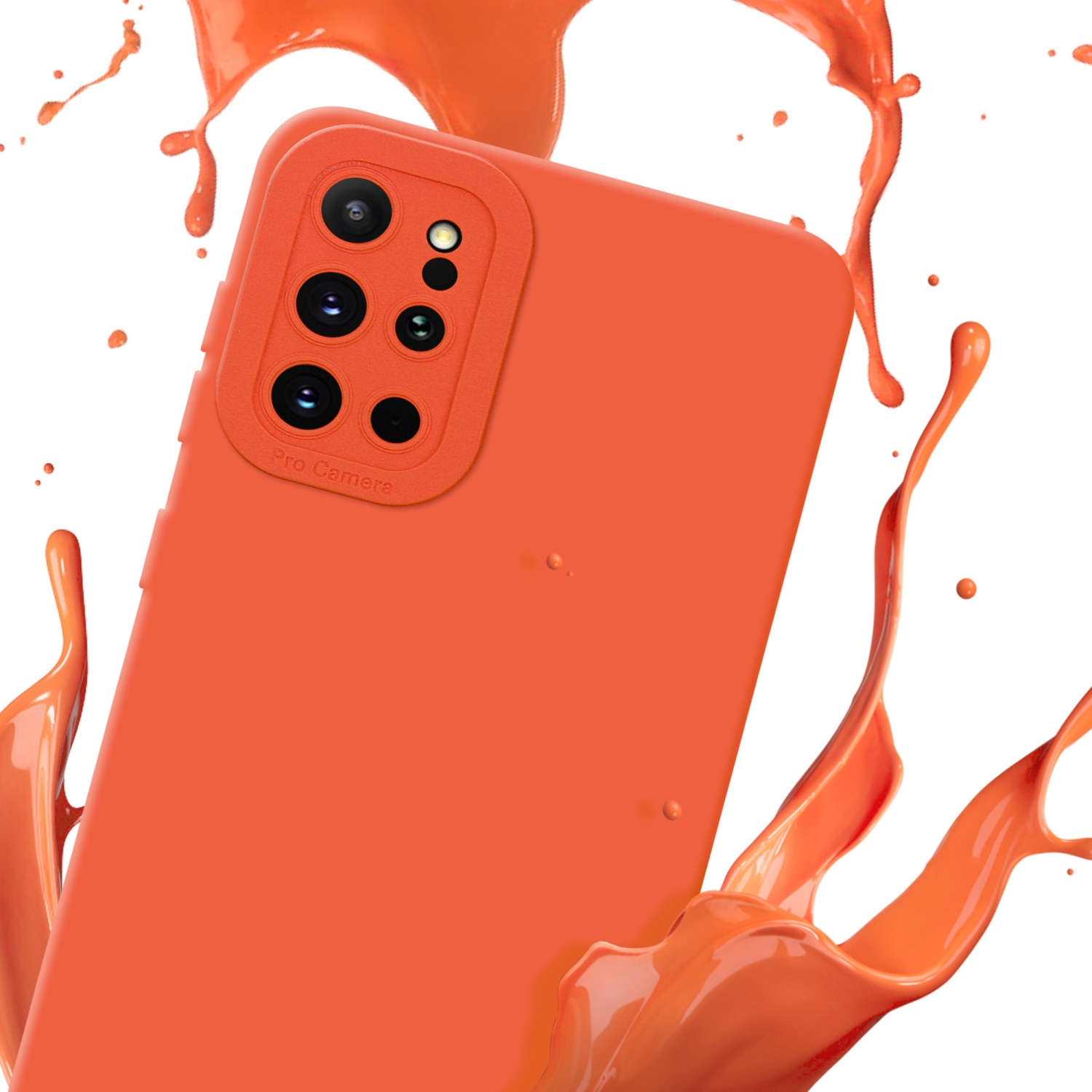 Orange Handyhülle mit Farbspritzer-Hintergrund. Kameradetails sichtbar. Weißer Hintergrund.