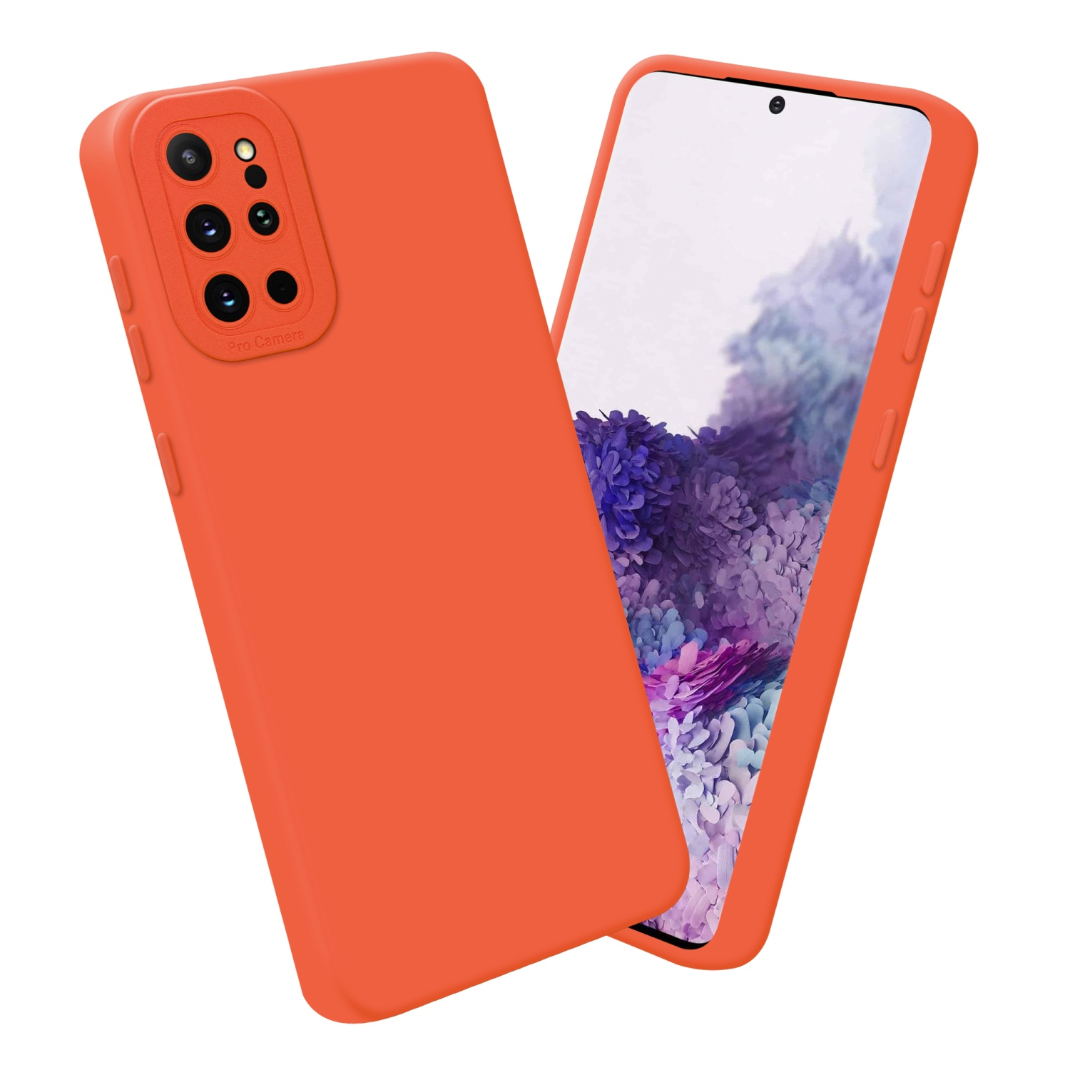 Orangefarbene Handyhülle mit Kameraausschnitt neben einem Handy mit Bildschirm.
