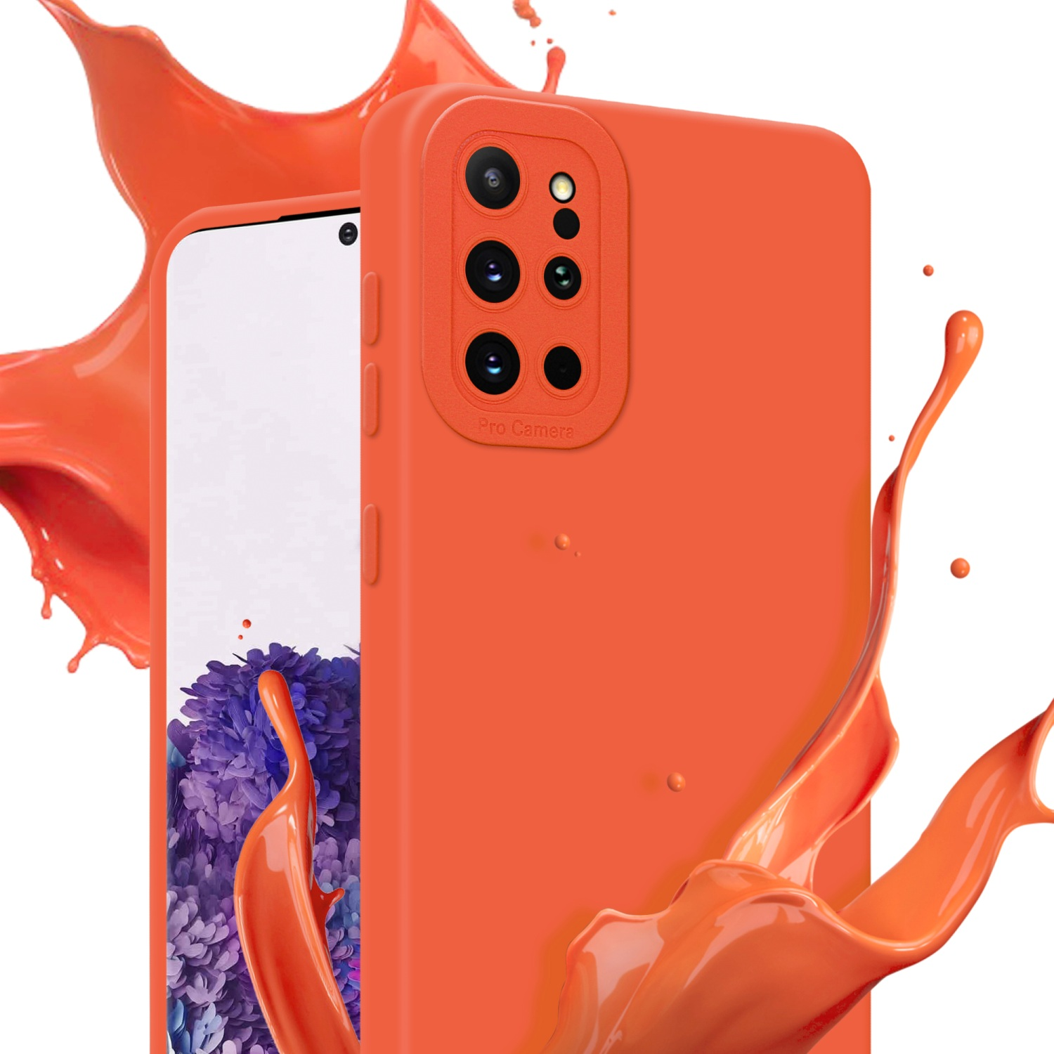 Orangefarbene Handyhülle mit mehreren Kameralinsen, mit orangenem Farbspritzer im Hintergrund.