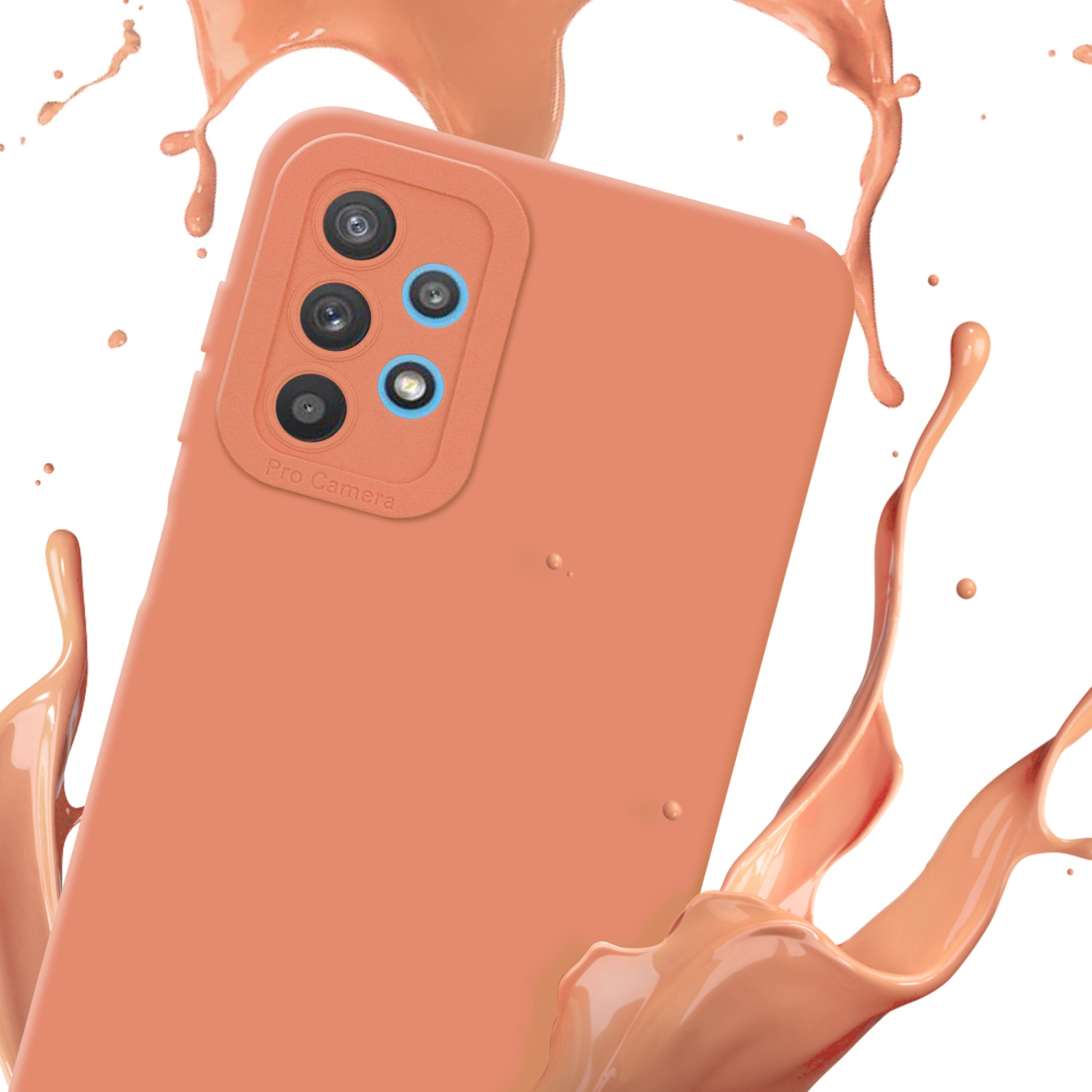 Custodia per telefono arancione con tripla fotocamera, schizzi di vernice arancione intorno.