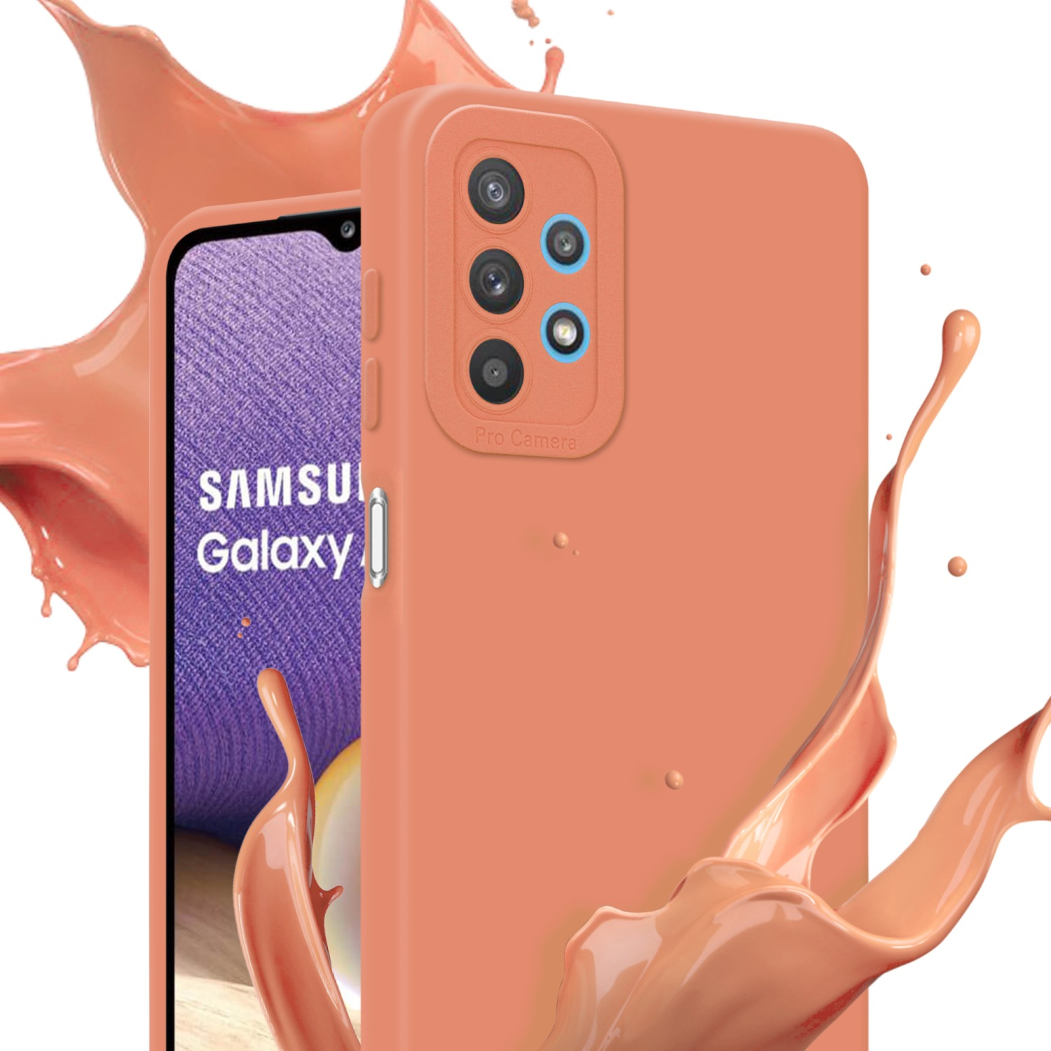 Custodia arancione, spruzzo di liquido. Schermo del telefono visibile.