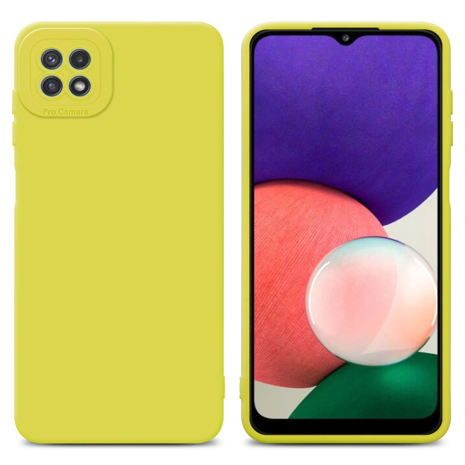 Custodia gialla, che mostra lo schermo del telefono con uno sfondo colorato.