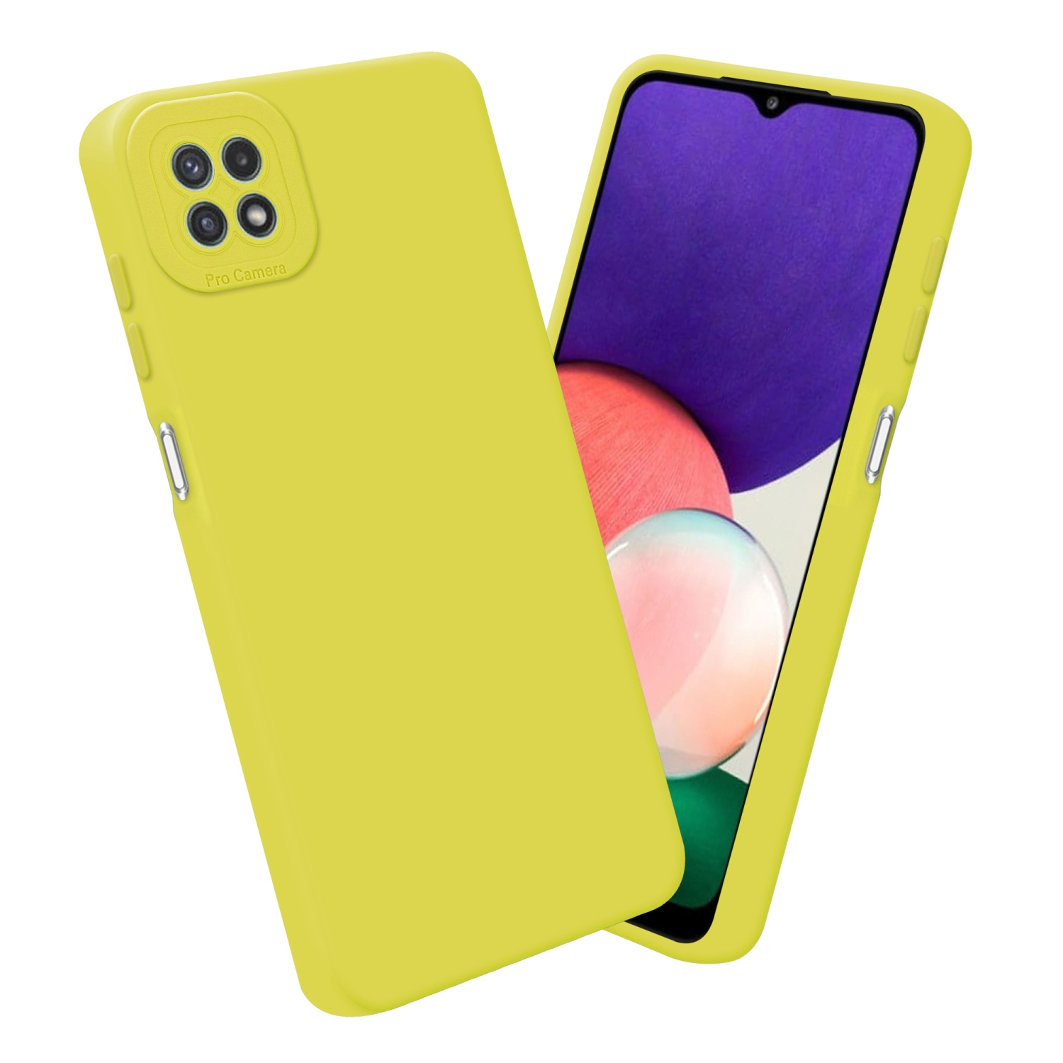 Custodia gialla con telefono, con sfondo giallo e Pro Camera.