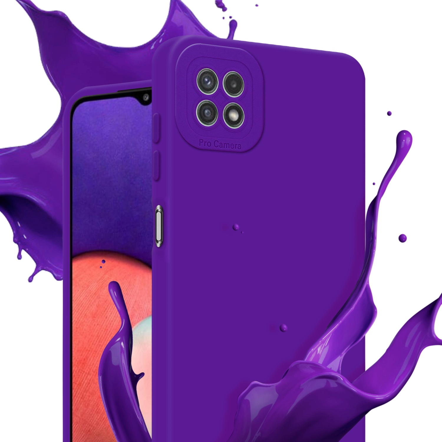 Lila Handyhülle mit Kamera, lila Farbspritzer, lila Telefonbildschirm, weißer Hintergrund.