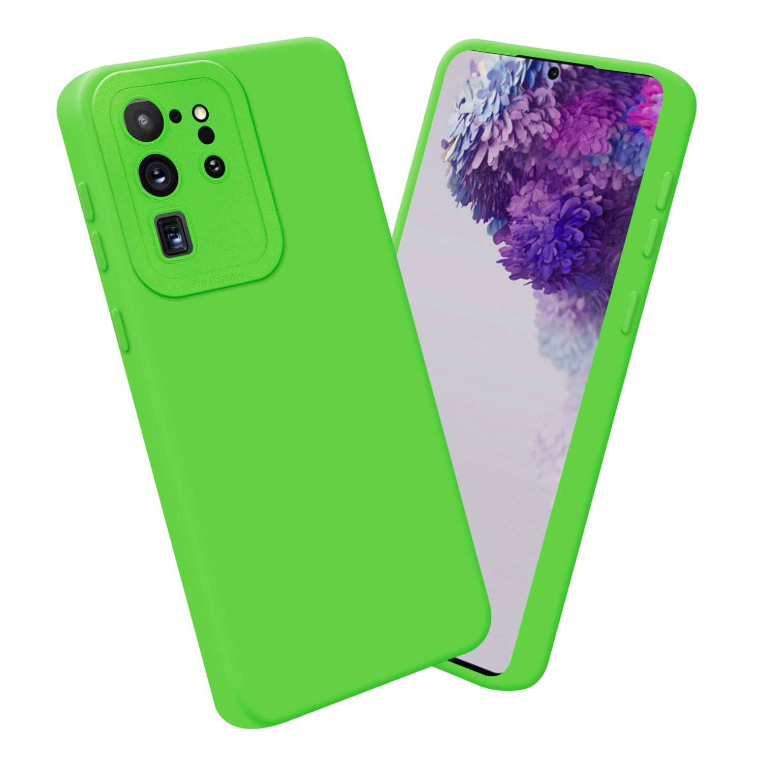 Custodia per telefono verde con un telefono. La custodia ha una protezione per la fotocamera. Sfondo bianco.
